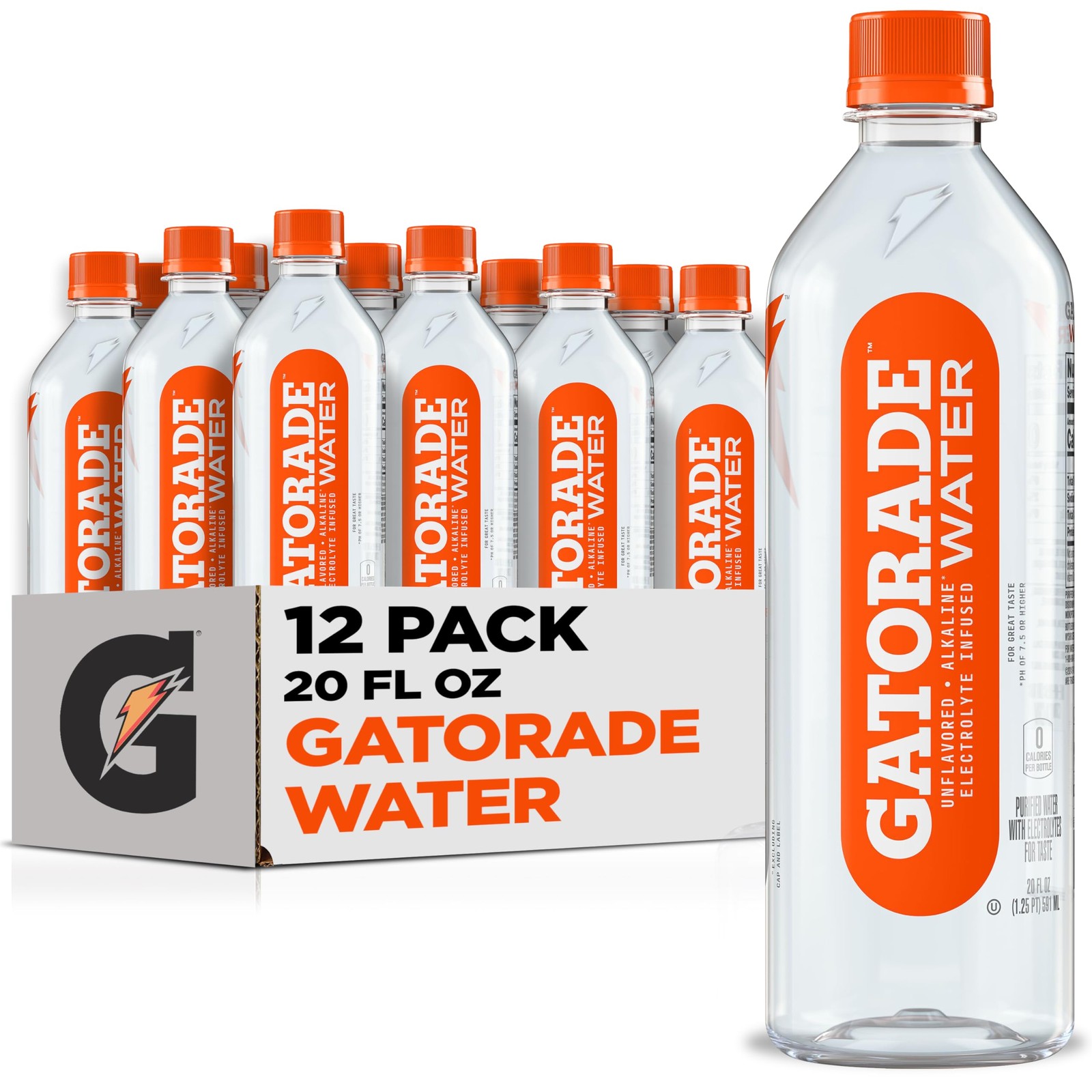 Gatorade Water, Unflavored, Electrolyte infused for 20 Fl Oz (Pack of 12)