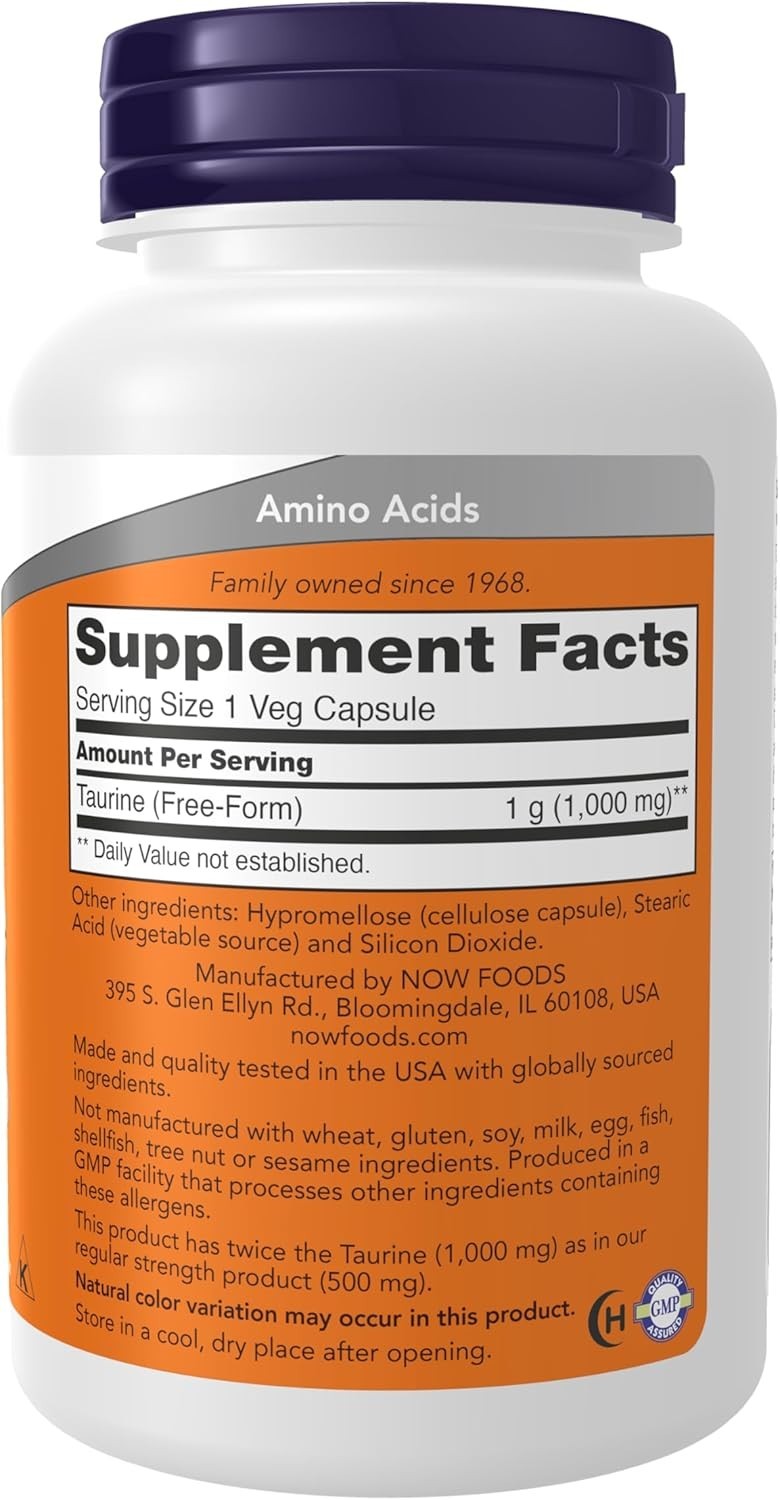 NOW Foods Taurine 1000mg Double Strength 100 Veg Capsules Nervous System