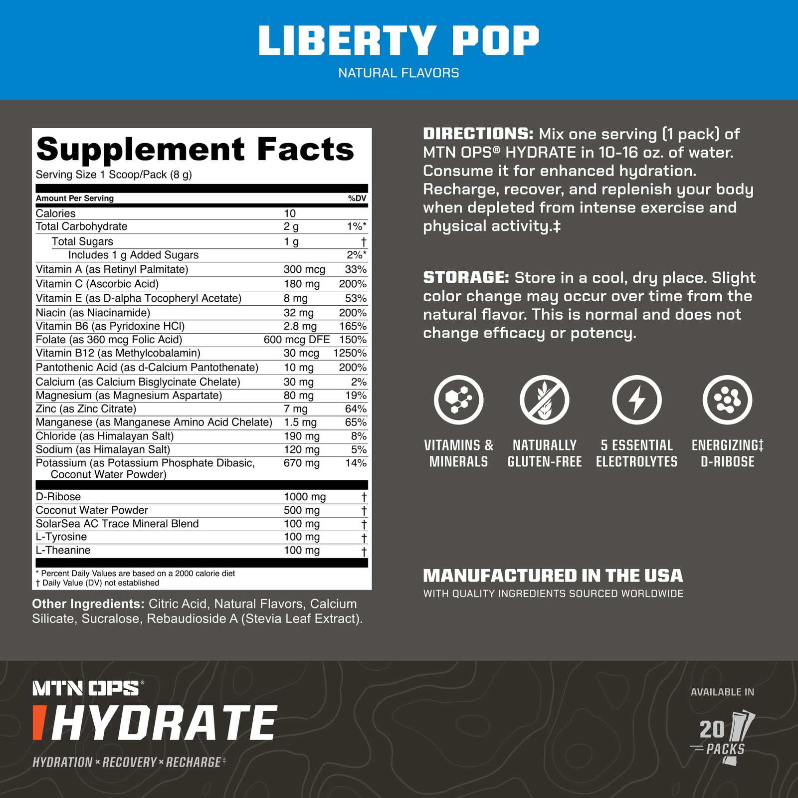MTN OPS Hydrate Low Sugar Electrolyte Powder 5.6 Ounce (Pack of 1), Various