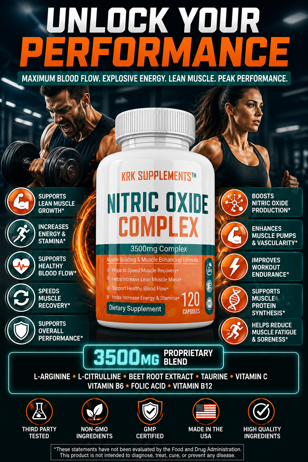 2 pk Nitric Oxide 3500mg L-Arginine AKG Ketp Citrulline Muscle Pump Growth Pills