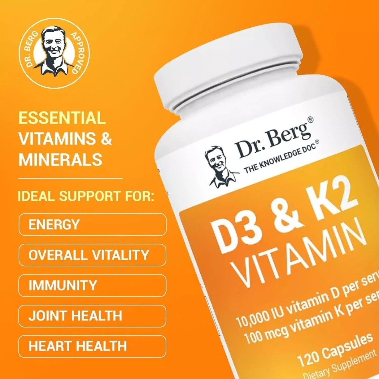 Dr. Berg’s Nutritionals 100mg Vitamin D3 & K2 Supplement 120 Capsules