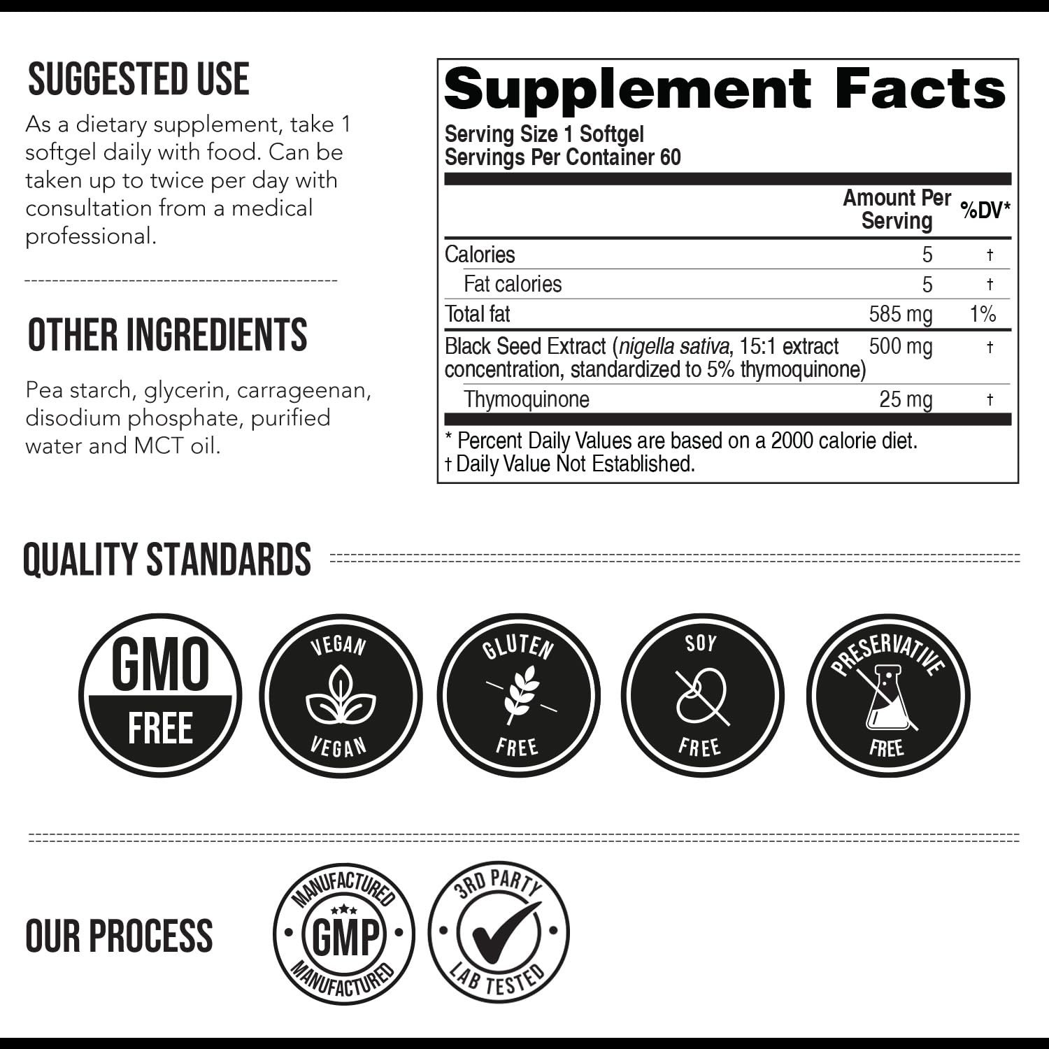 High Potency Black Seed Oil Softgels 500mg – 5% Thymoquinone, Vegan, 60 Count