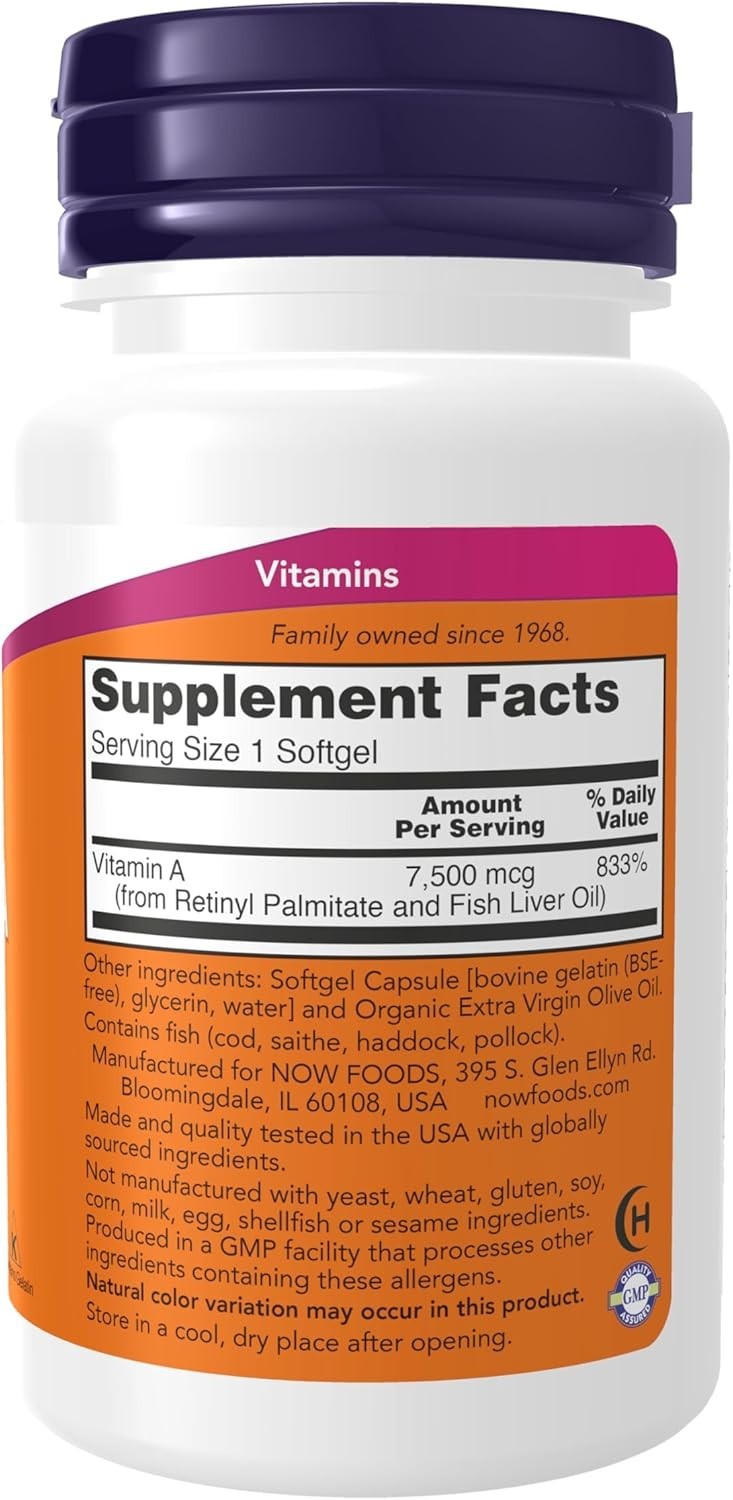 NOW 100 Softgels of Fish Liver Oil, 25,000 IU – Supports Eye Health and Immunity