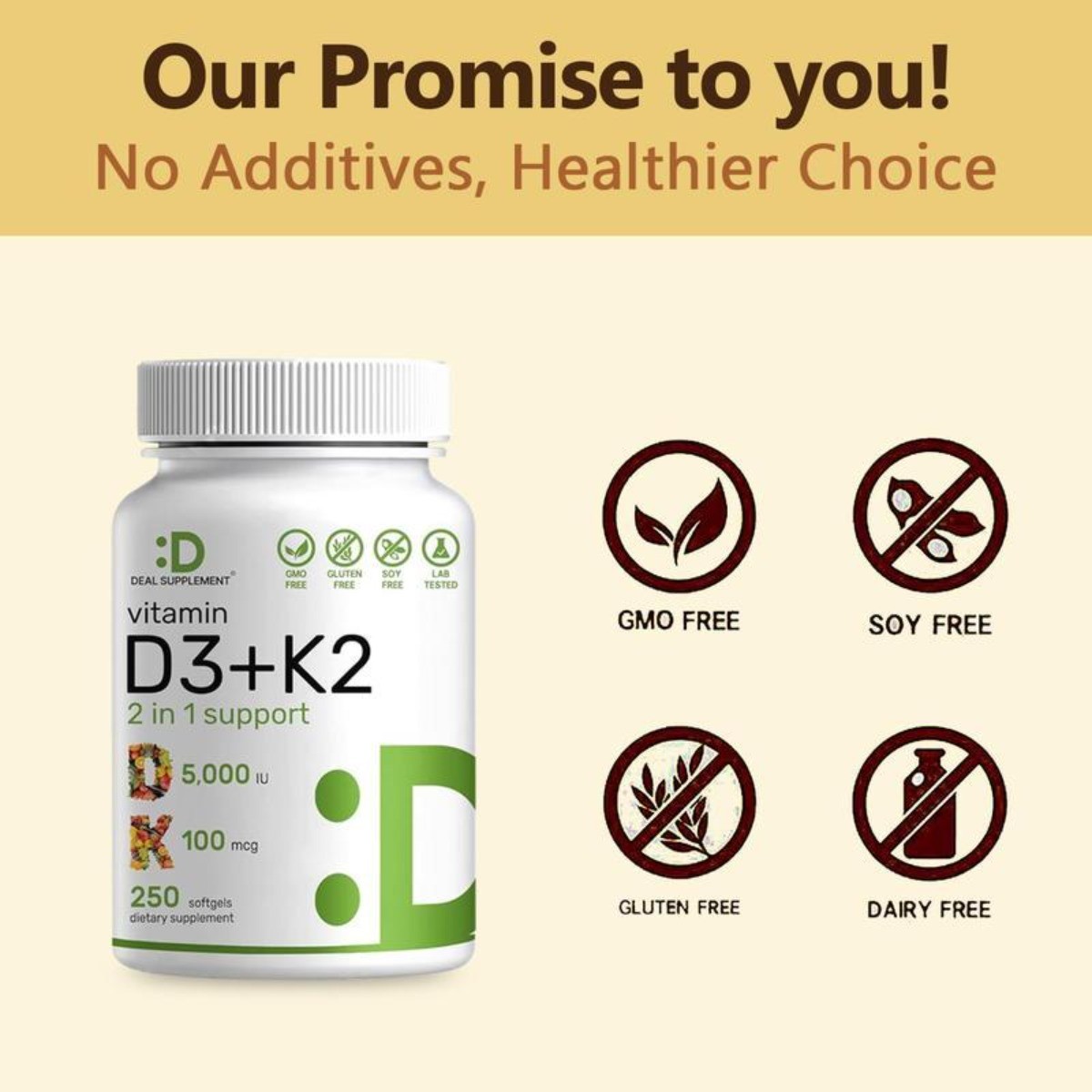 D3 K2 MK7 250 Veggie Softgels 5000IU 100mcg Gluten-Free Formula