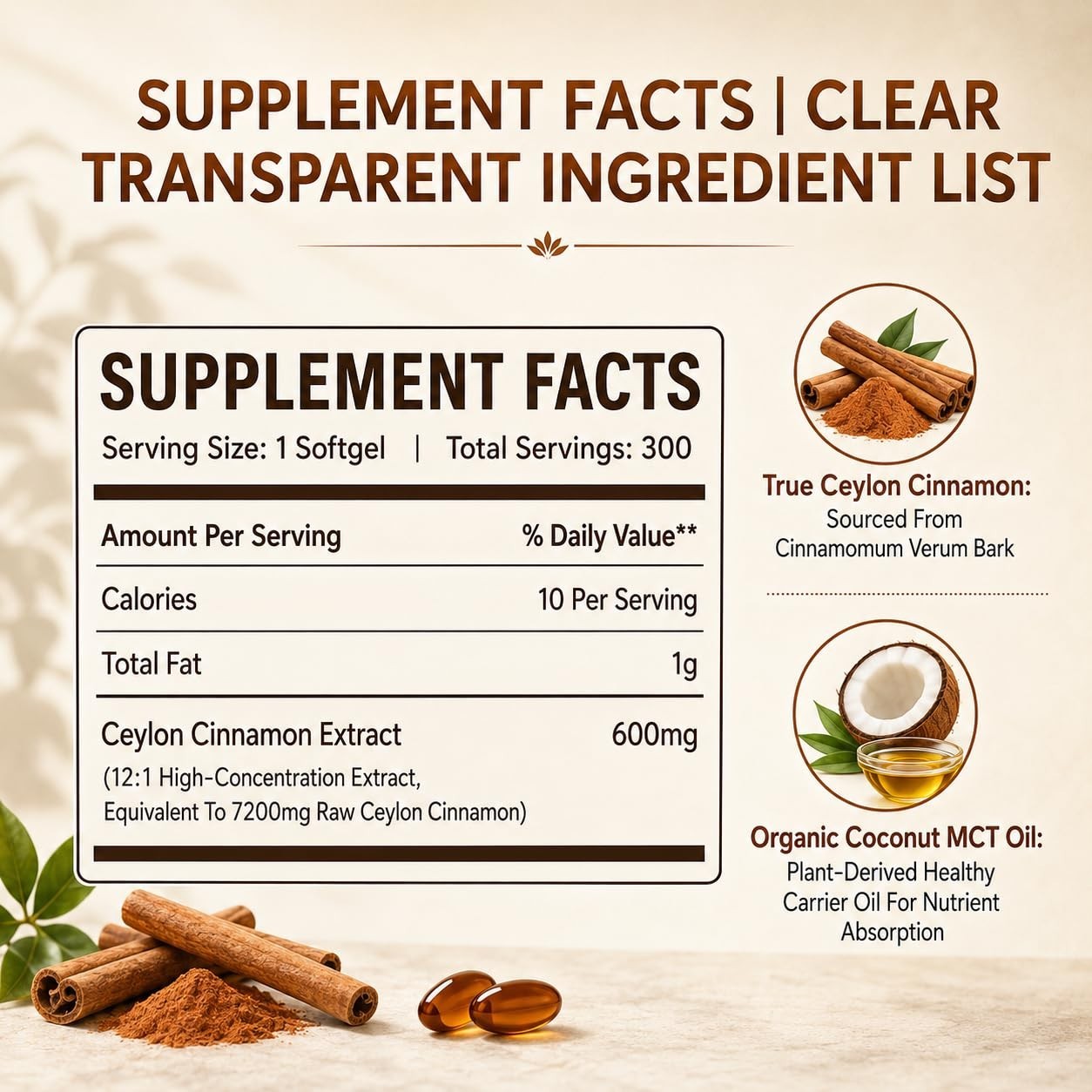 Ceylon Cinnamon Softgels with MCT Oil – 300 Count, Non-GMO, Gluten Free, Premium