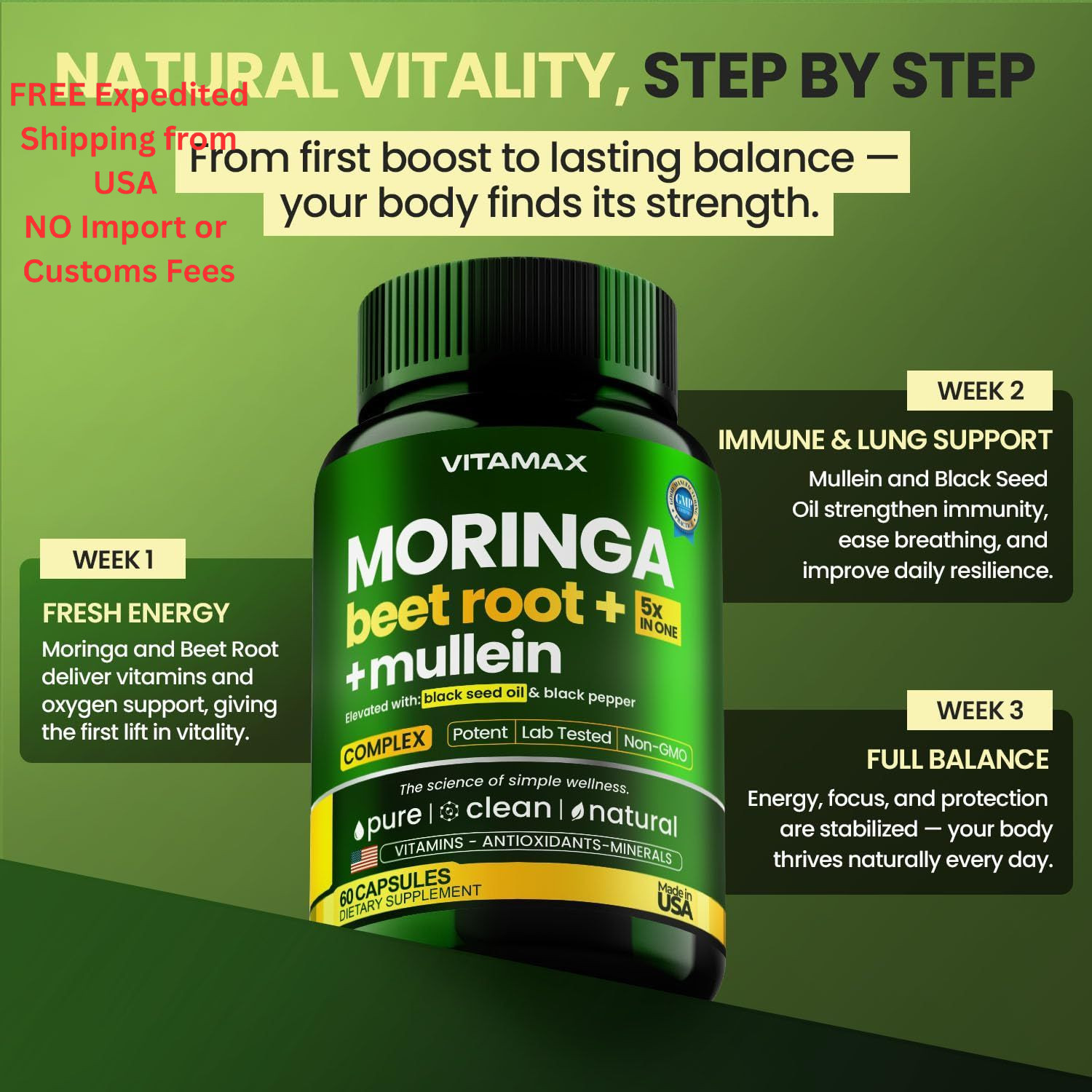 Moringa Capsules, Beet Root, Mullein Leaf – Energy, 60 Count (Pack of 1)