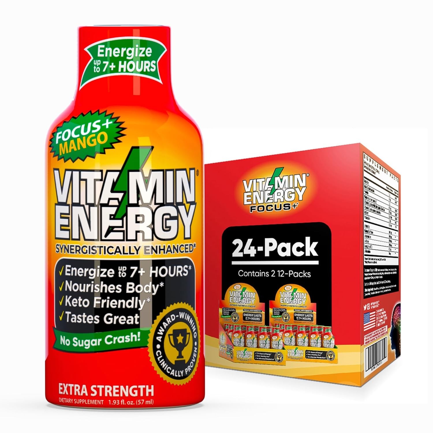 Vitamin Energy Focus+ Extra Strength Energy Shot Mango 24 Pack,260mg Natural Caf