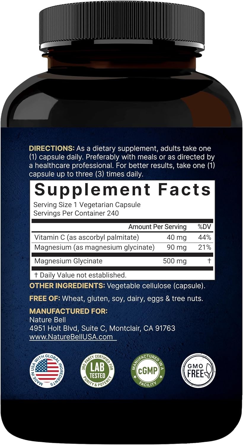NatureBell Magnesium Glycinate Capsules 500mg | 240 Count (Pack of 1)
