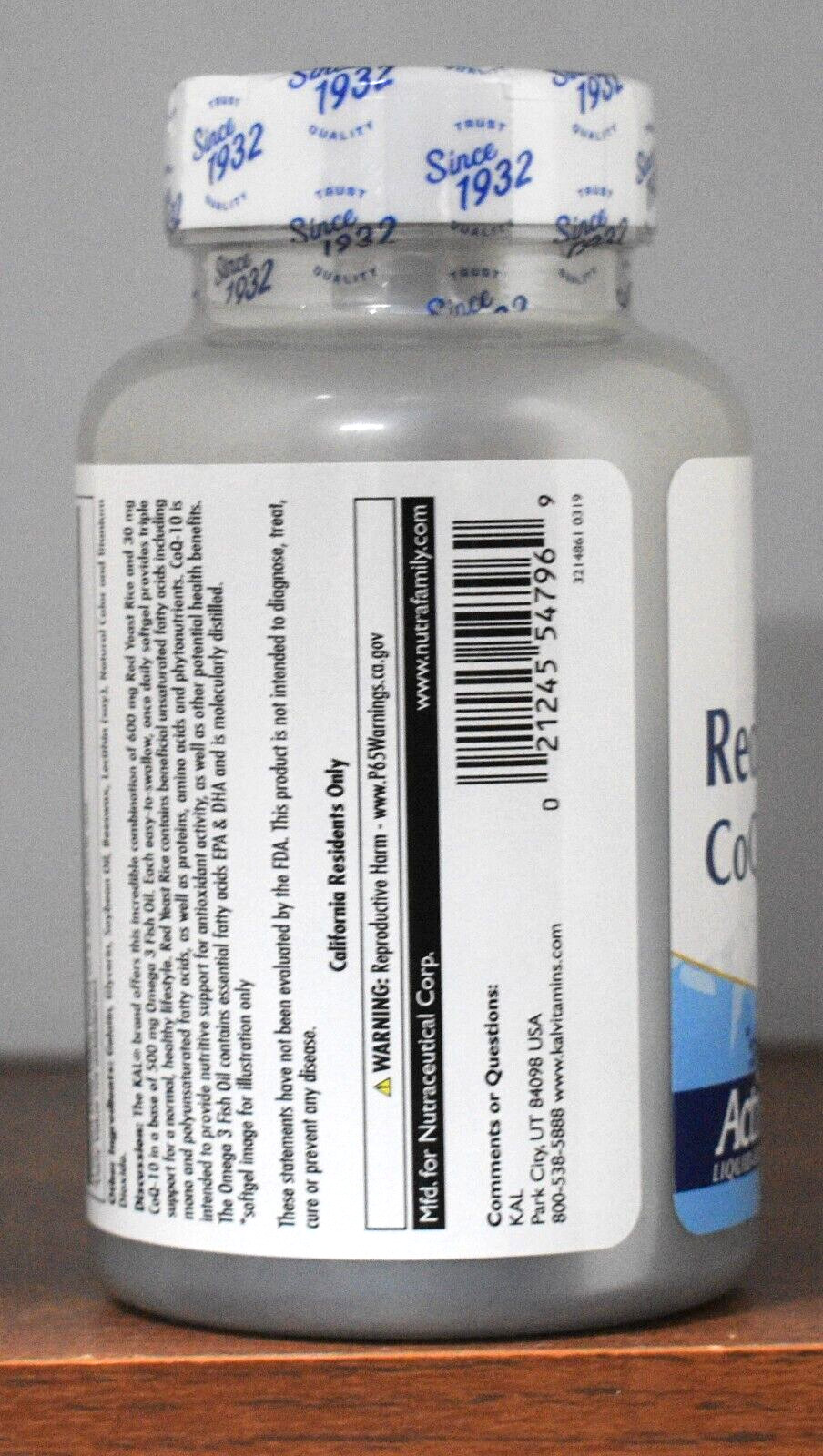 KAL Red Yeast Rice CoQ10 Omega 3 ActivGels 60 Softgels 1 Daily CoQ-10