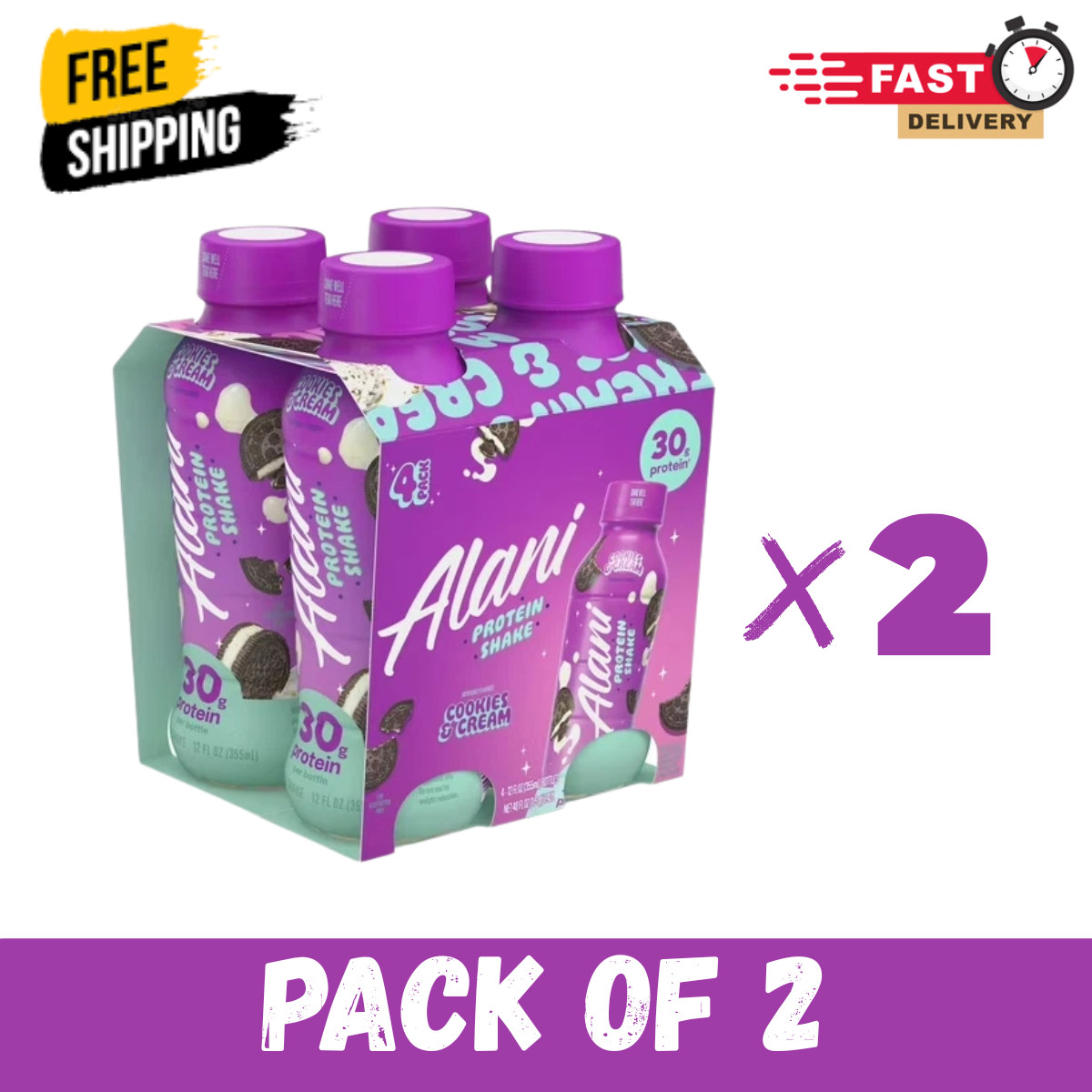 Alani Nu Protein Shake, Cookies & Cream, 12 fl oz, 4 Pack, Bottles (Pack of 2),,