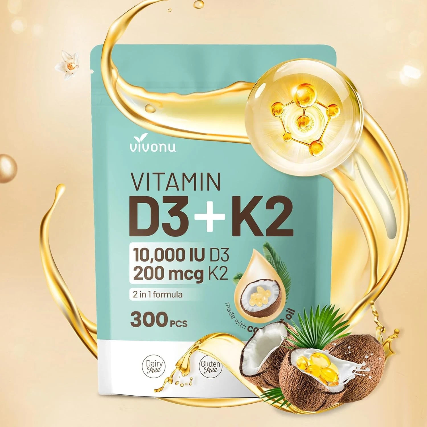 Vivonu Vitamin D3 10000 IU + K2 MK-7 200 mcg, 300 Softgels – Coconut Premium
