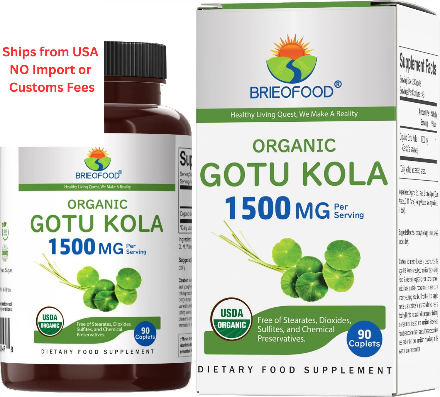 Brieofood Organic Gotu Kola 1500mg, 45 Servings, 90 Count (Pack of 1)