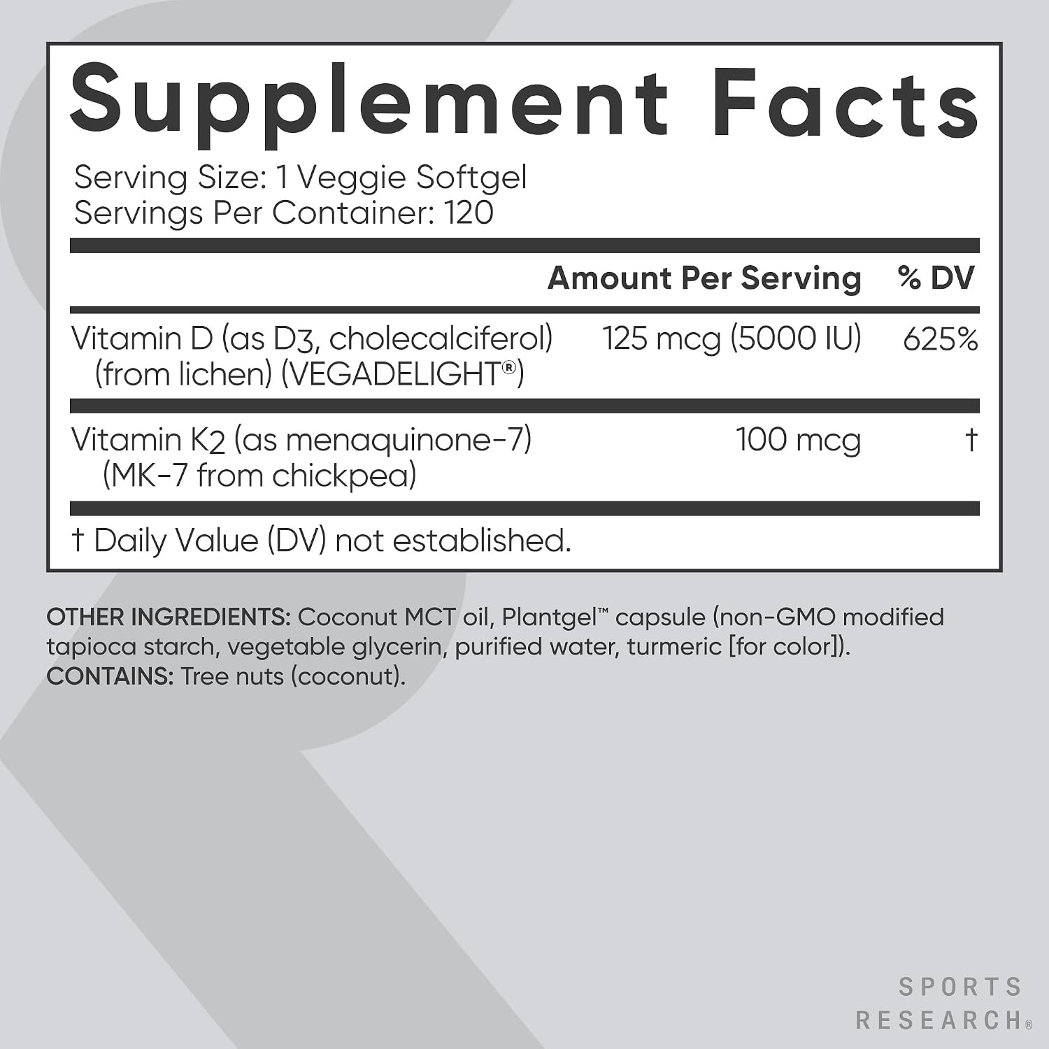 Sports Research Vitamin D3 K2 Softgels Plant Based