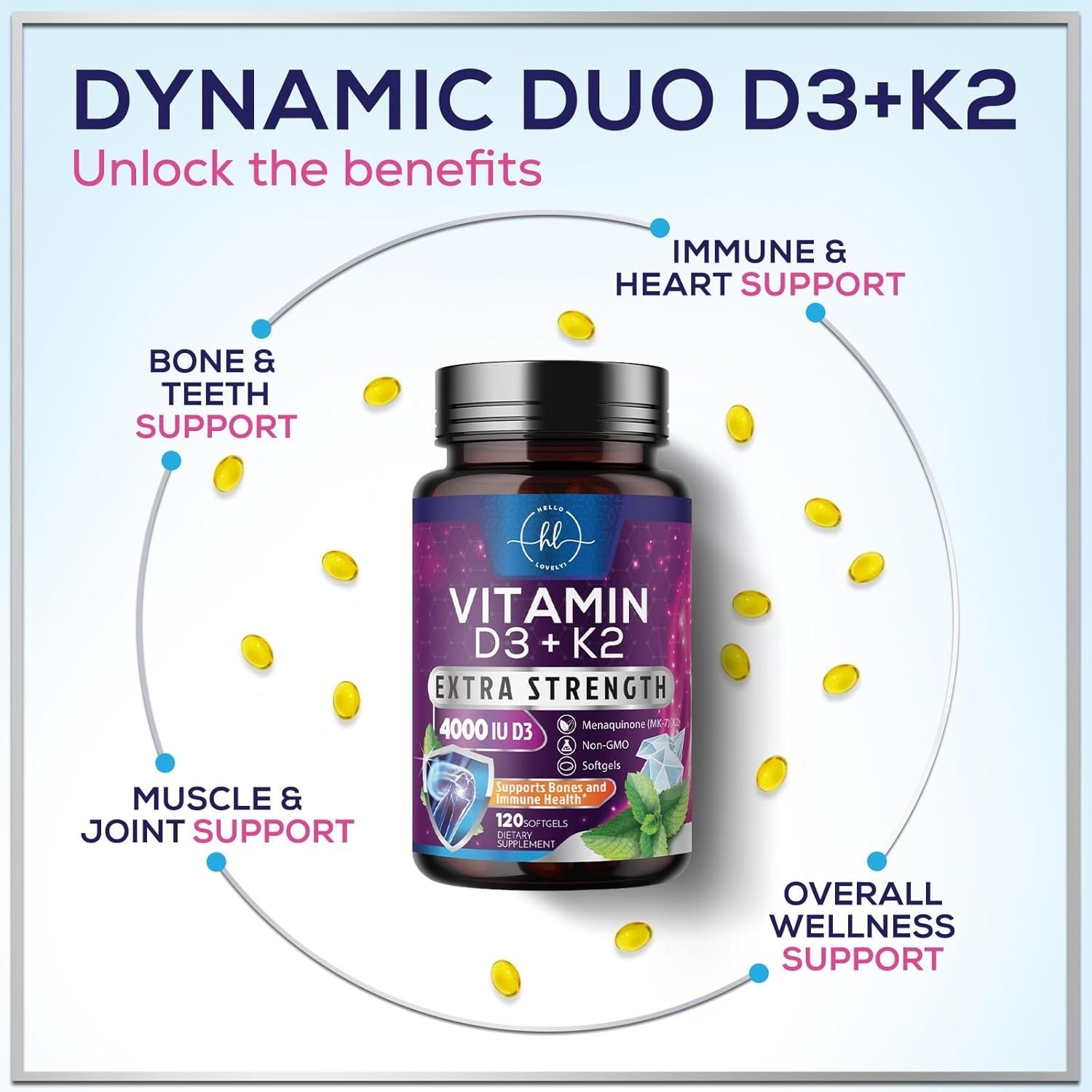 Vitamin D3 4000 IU with K2 MK-7 Bone Heart Immune Support 120 Softgels