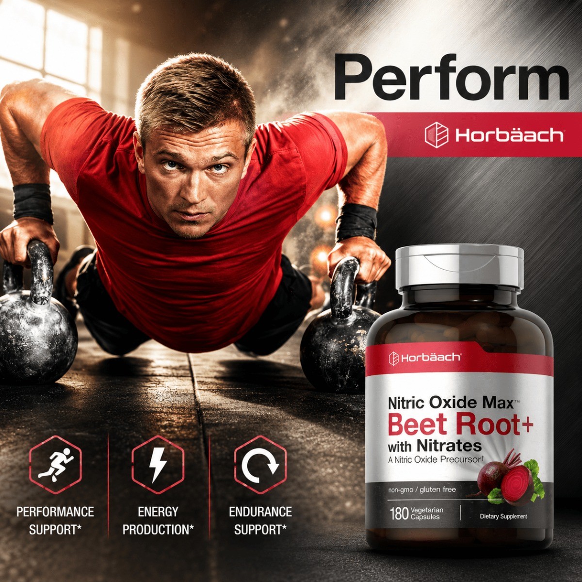 Horbaach Nitric Oxide Max Beet Root Capsules, 180ct, Vegetarian