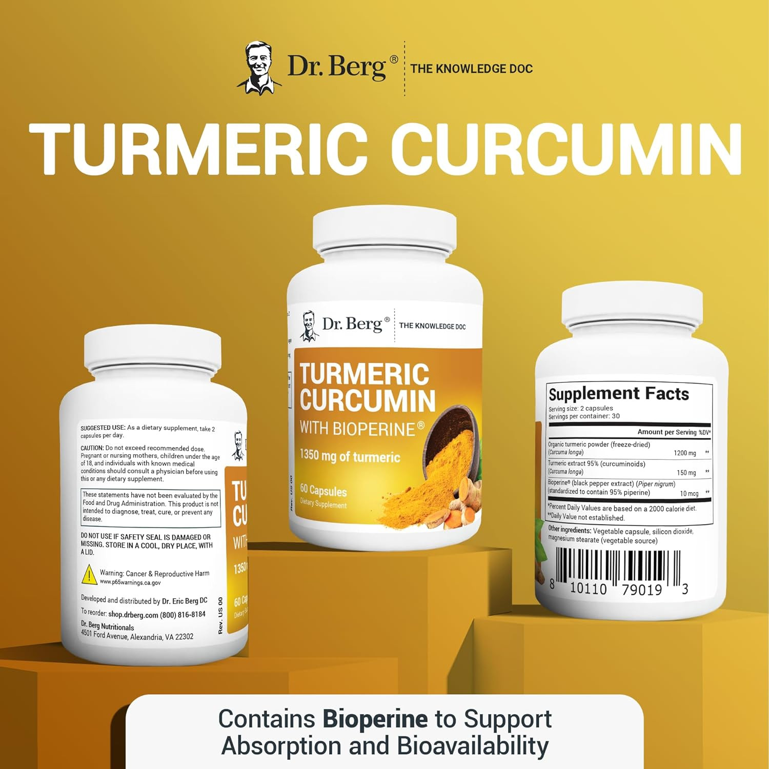 Dr. Berg Turmeric Curcumin Supplement with Bioperine, 1350mg, 60 Capsules