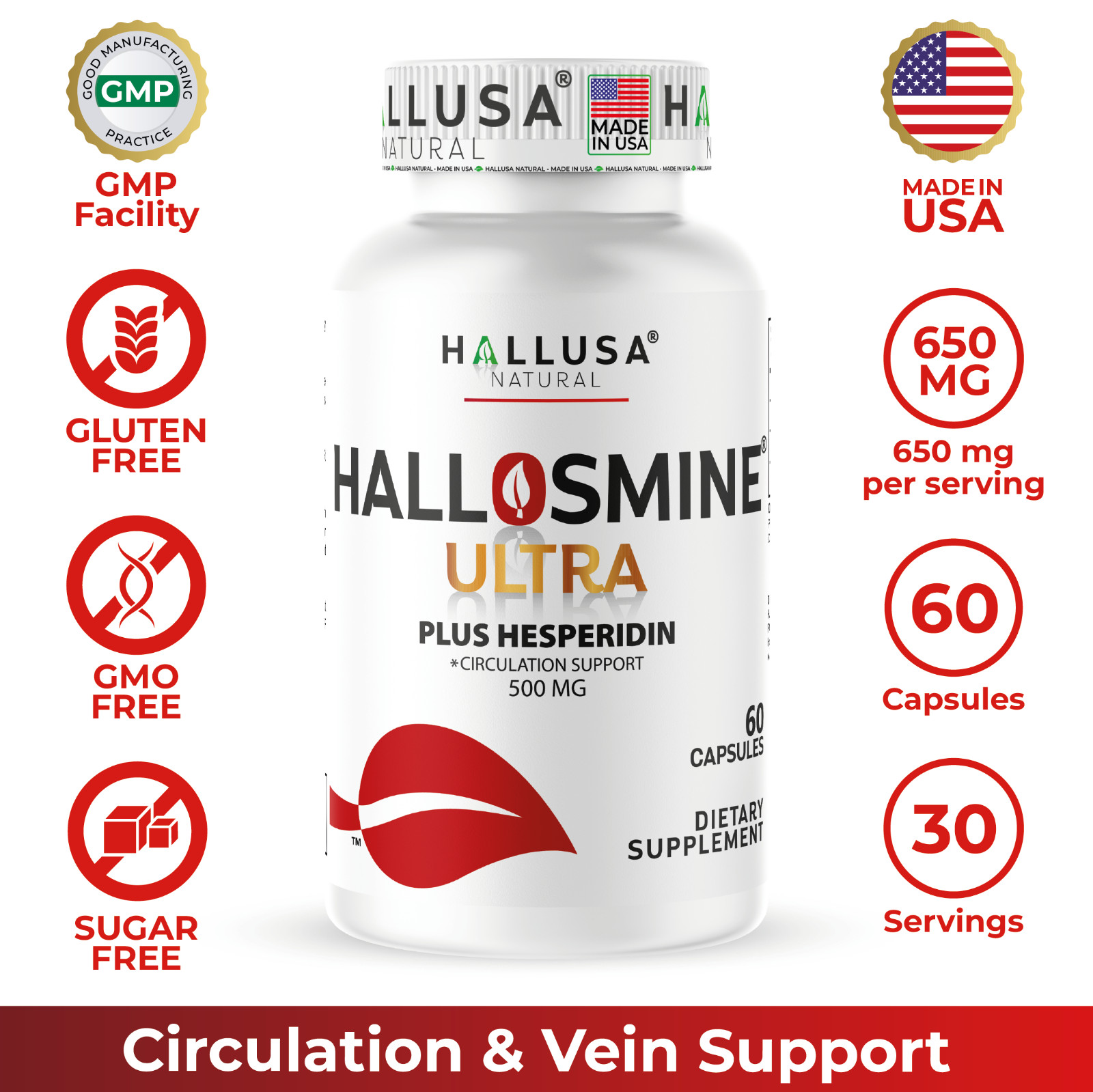 HALLOSMINE ULTRA Diosmin Hesperidin 650mg, Varicose Veins, Hemorrhoids, 60 caps