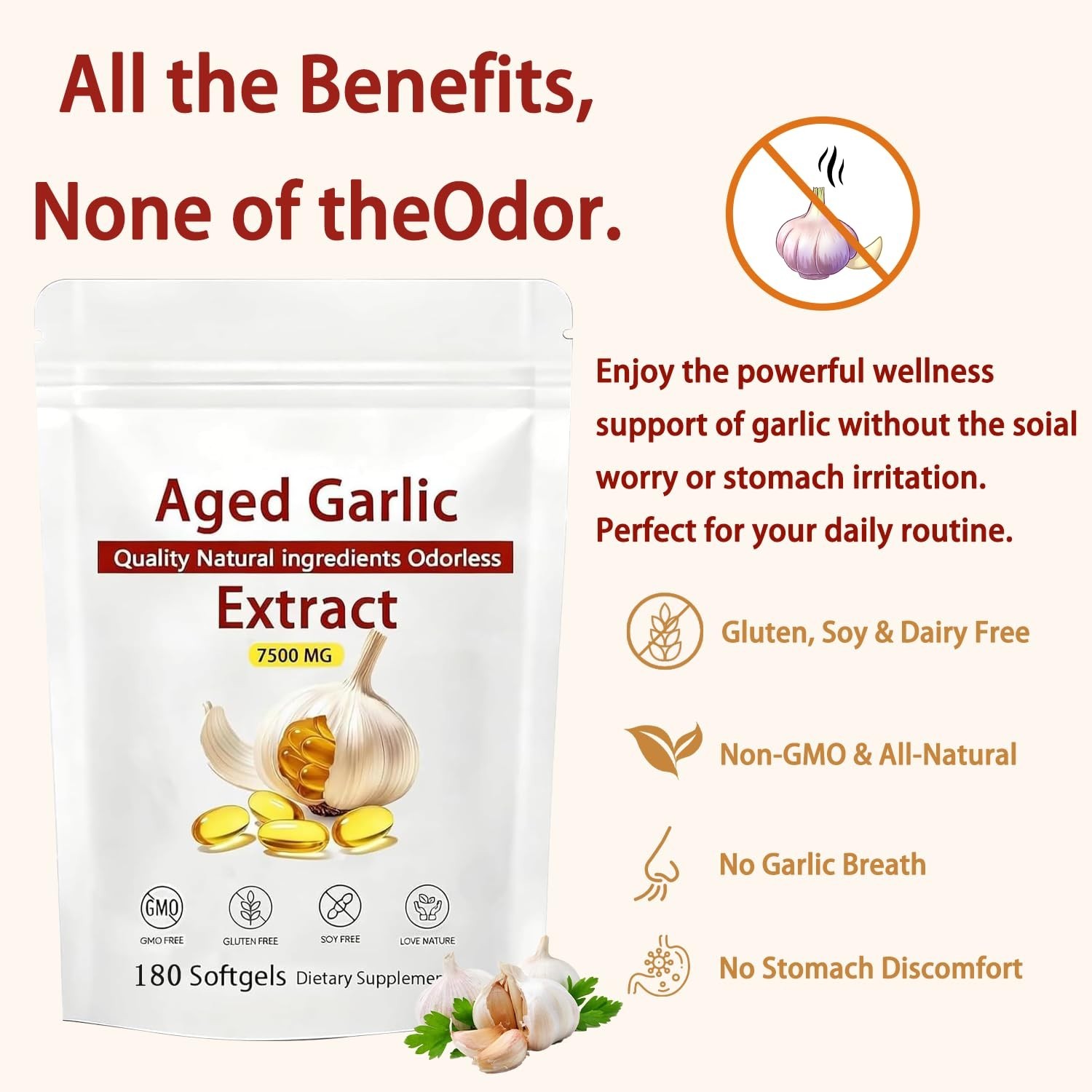 Aged Garlic Extract 7500mg Odorless, Non-GMO, Immune Support – 180 Softgels