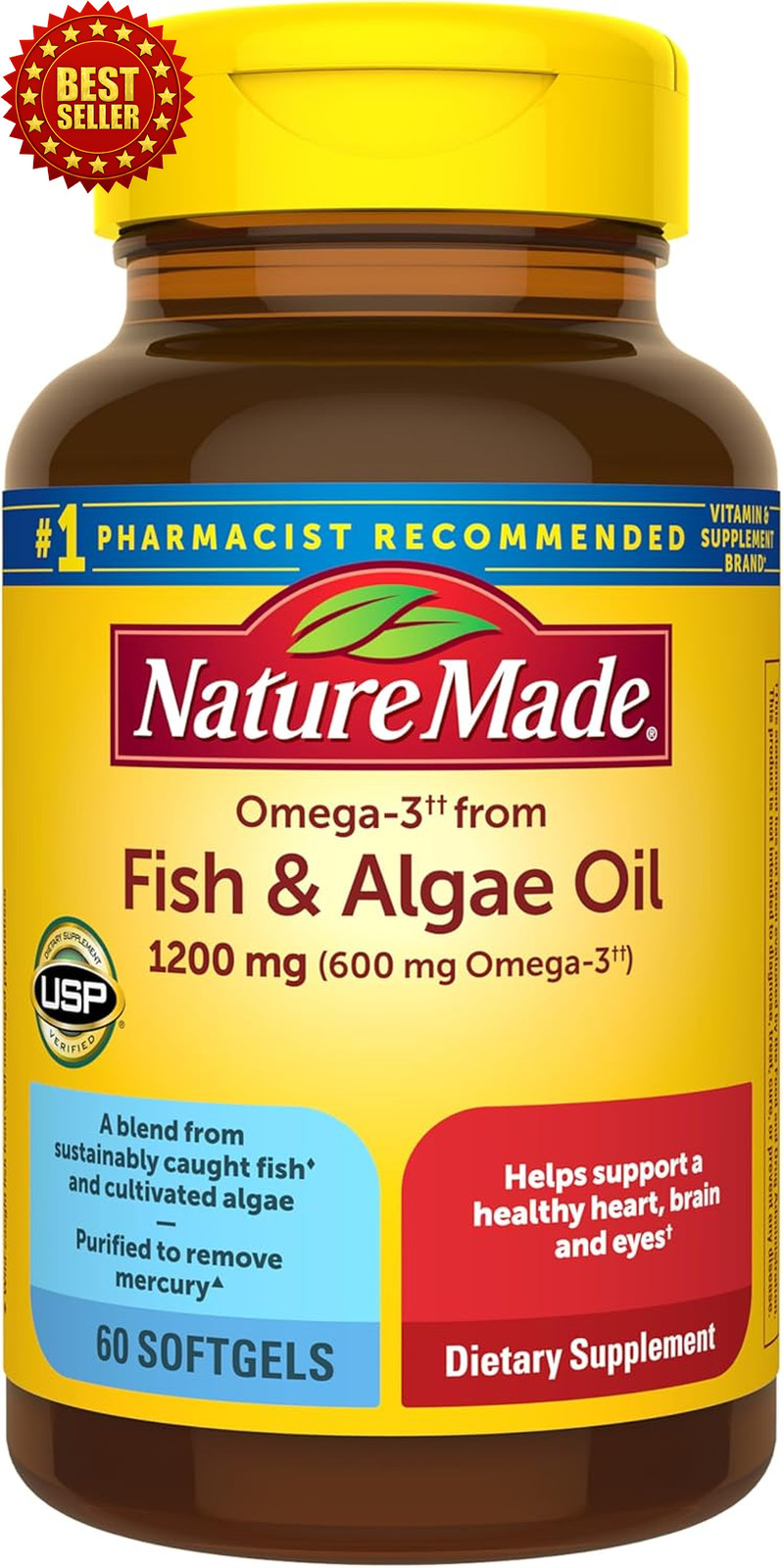 Nature Made Omega-3 Fish Oil Algae Oil 1200mg 60 Softgels NEW