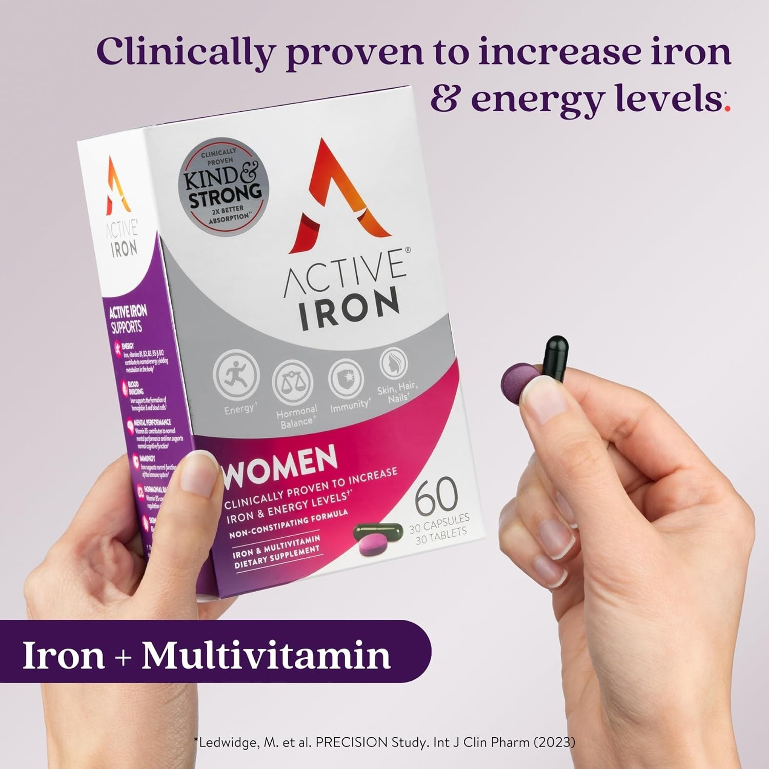 Active Iron 25mg + Women’s Multivitamin Energy Support 60 Count Travel Packs