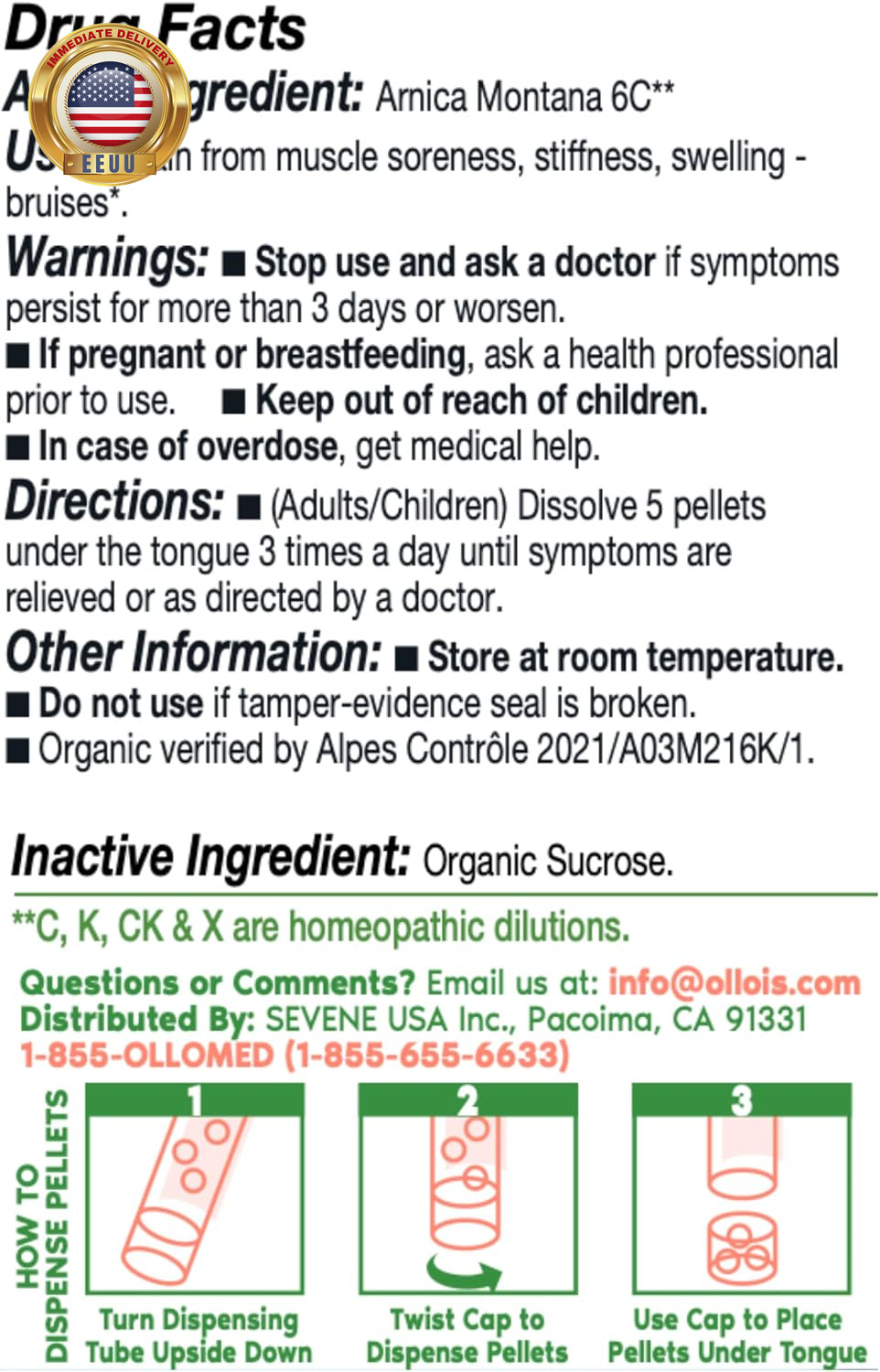 OLLOIS Arnica Montana 6C, Organic, Lactose-Free Homeopathic Medicine, 80 Pellets