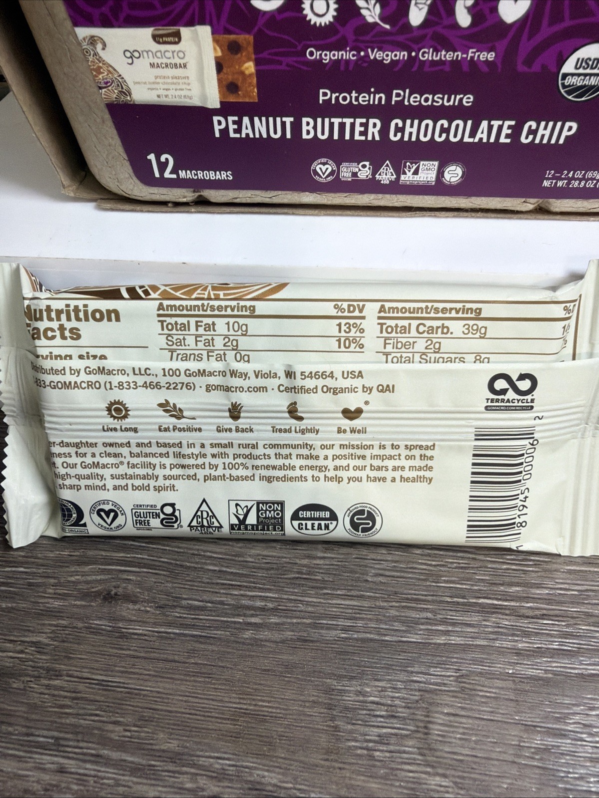 GoMacro Macrobar Peanut Butter Chocolate Chip Bars 11g Protein (2 Boxes= 24 Ct)