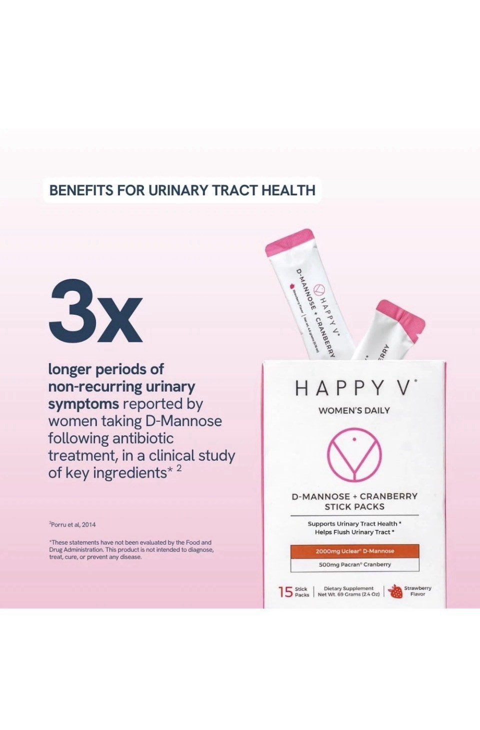 Happy V D-Mannose + Cranberry Stick Packs Urinary Tract Health. New In Box