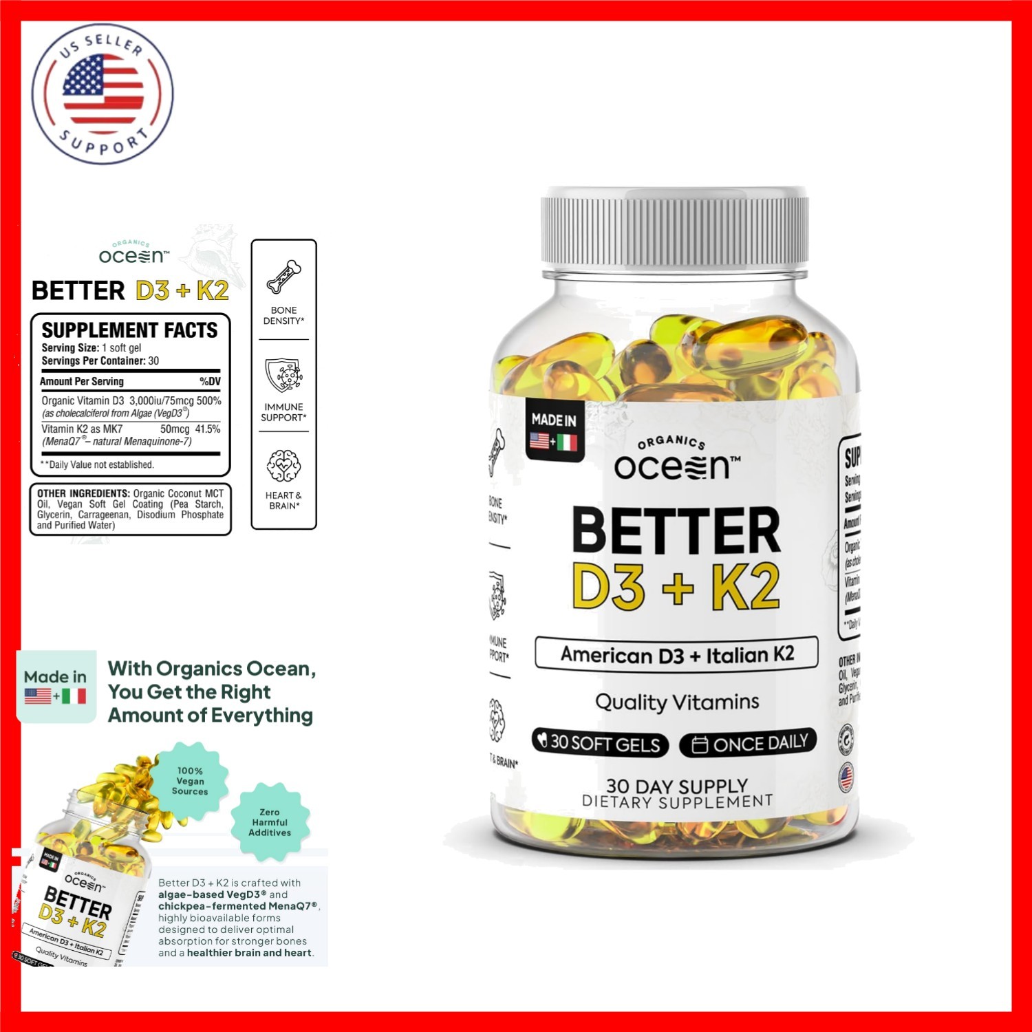 Better D3 + K2-100% Organic VIT D3 and K2 Supplements with Maximum Bioavailab…
