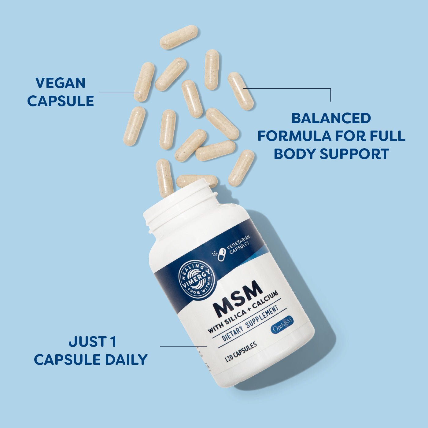 Vimergy MSM with Silica + Calcium Capsules, 120 Servings – Supports Bone Health