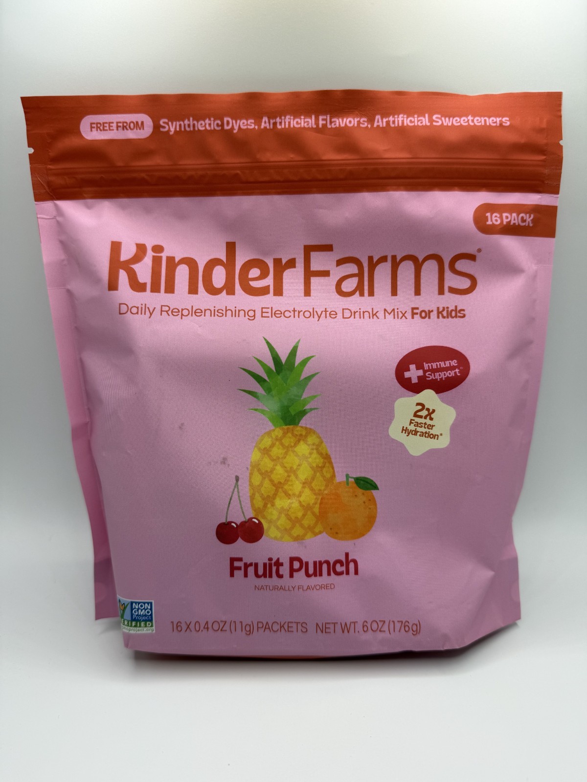 KinderFarms Electrolyte Drink For Kids Fruit Punch 16 x 0.4 oz. Packets- New