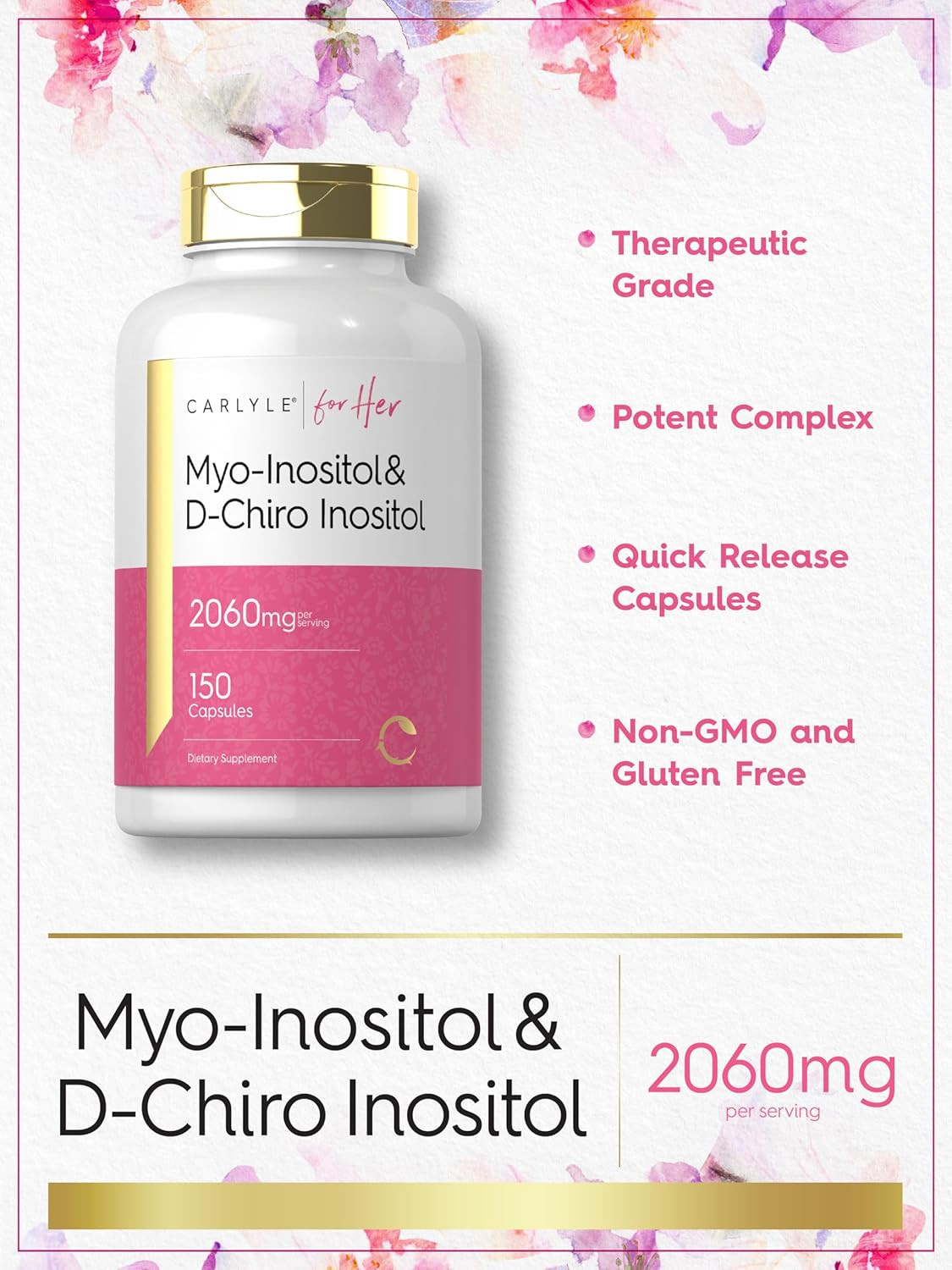 Myo-Inositol and D-Chiro Inositol 2060Mg 150 Capsules Non-Gmo, Gluten Free Suppl