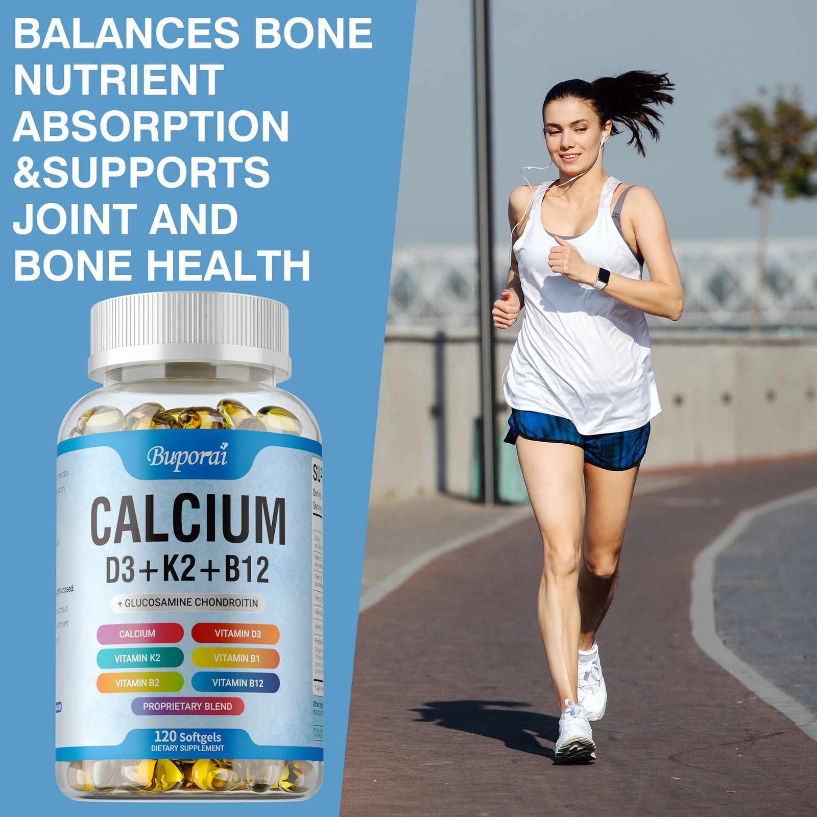 Calcium + Vitamin D3 +K2 +B12 120pcs – Bone, Muscle & Heart Health,Energy Levels