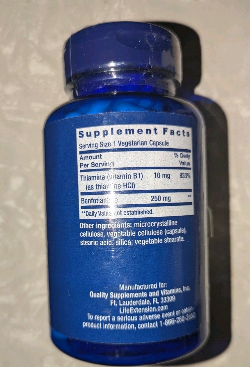 Mega Benfotiamine 250 mg 120 Capsules, Supplement Life Extension B1, New, Sealed