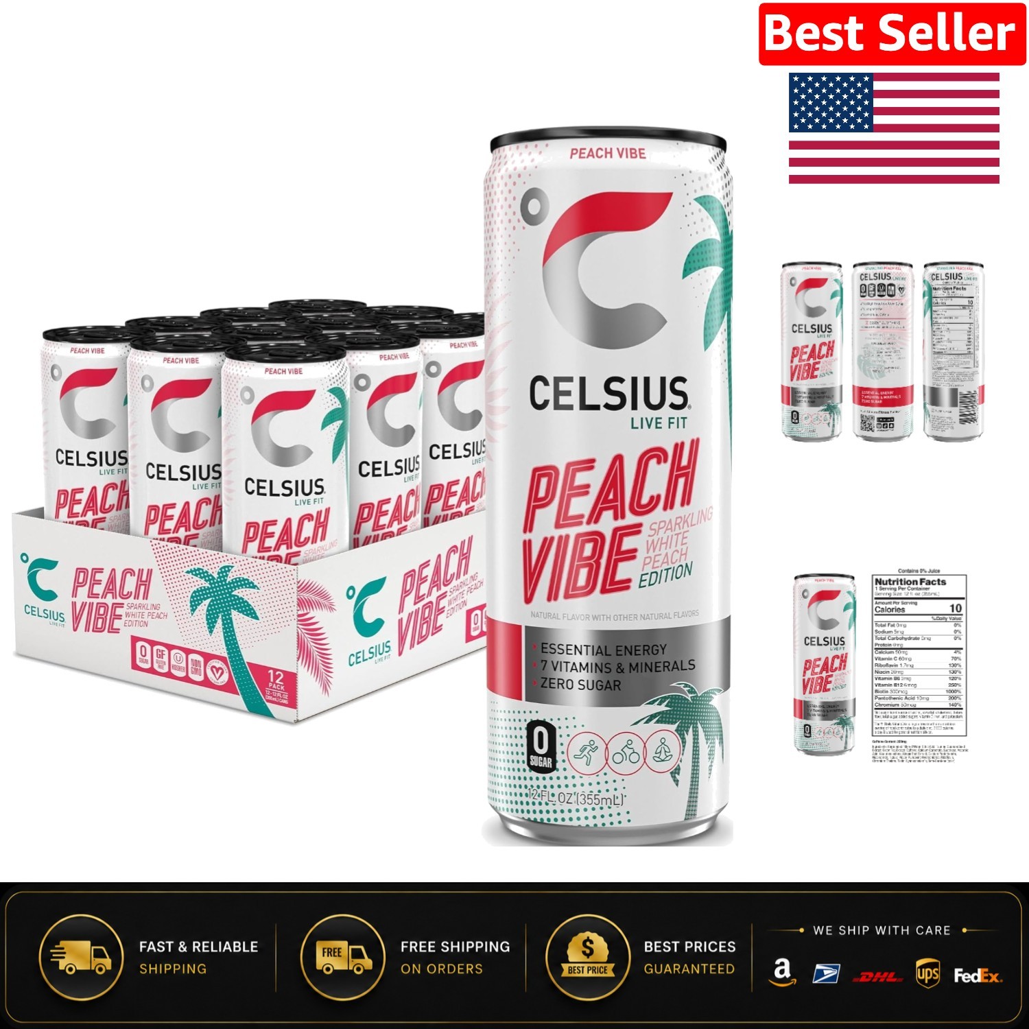 Essential Energy Peach Vibe Sparkling Drink, Sugar-Free & Keto-Friendly, 12-Pack