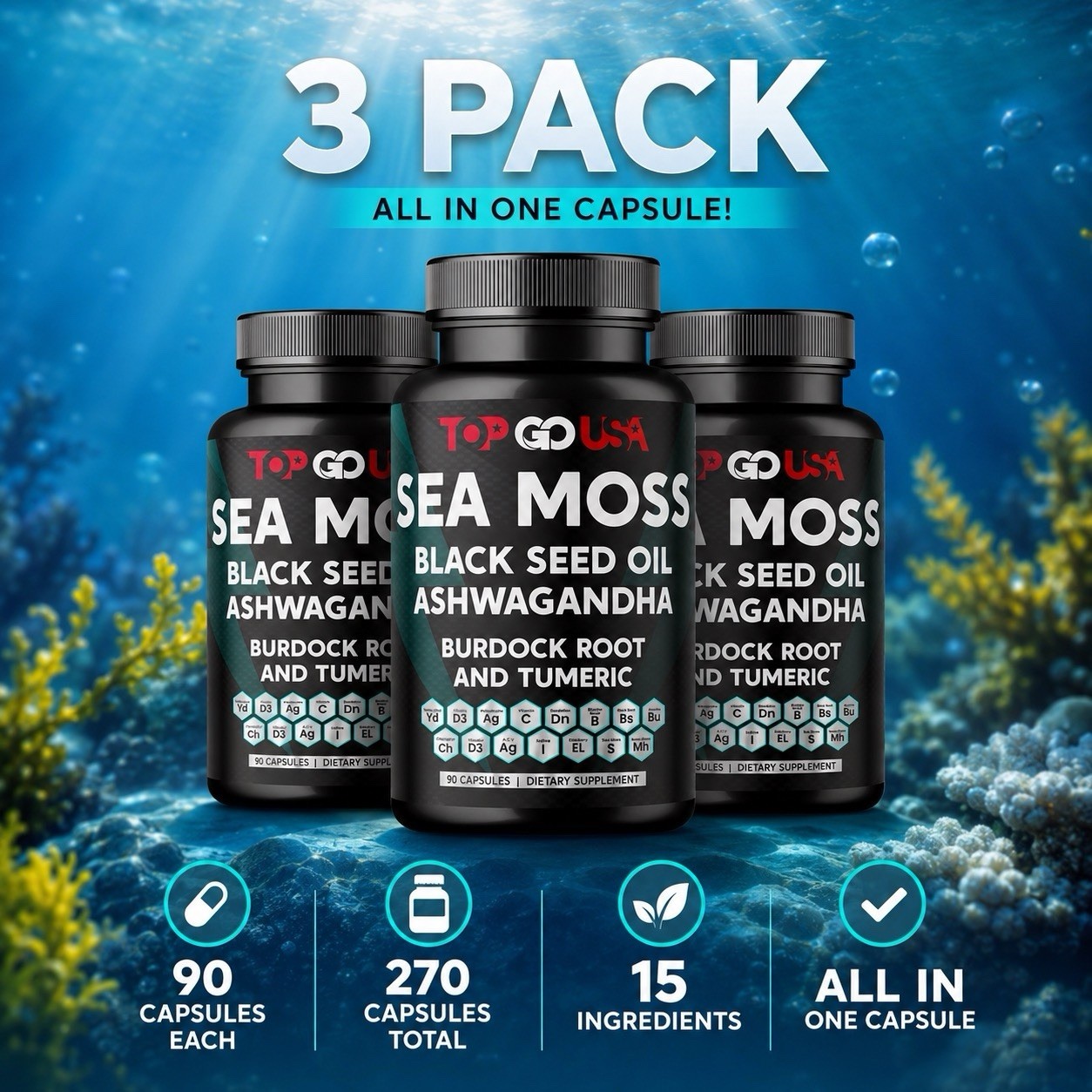 3 Pack Sea Moss Black Seed Oil Ashwagandha Burdock Root Turmeric 270 Capsule