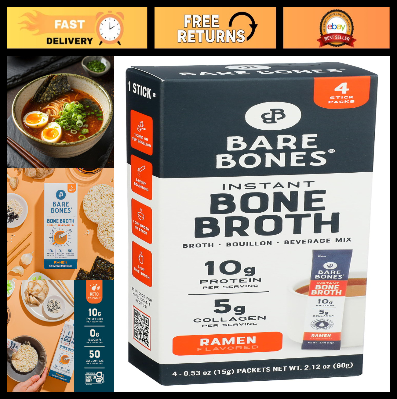 Instant Bone Broth Ramen Mix – 4 Pack, Savory Powdered Soup Base, Quick Meal