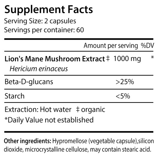 Real Mushrooms pure Lions Mane Mushroo 120 Capsules for Overall Wellness