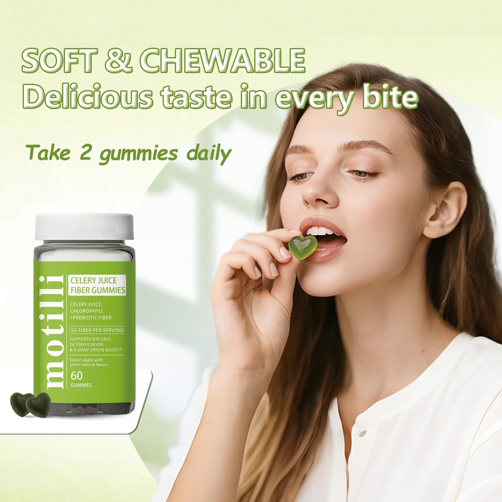 JLQJLQ Motilli Celery Juice Gummies, Fiber 60 Count (Pack of 1), Green