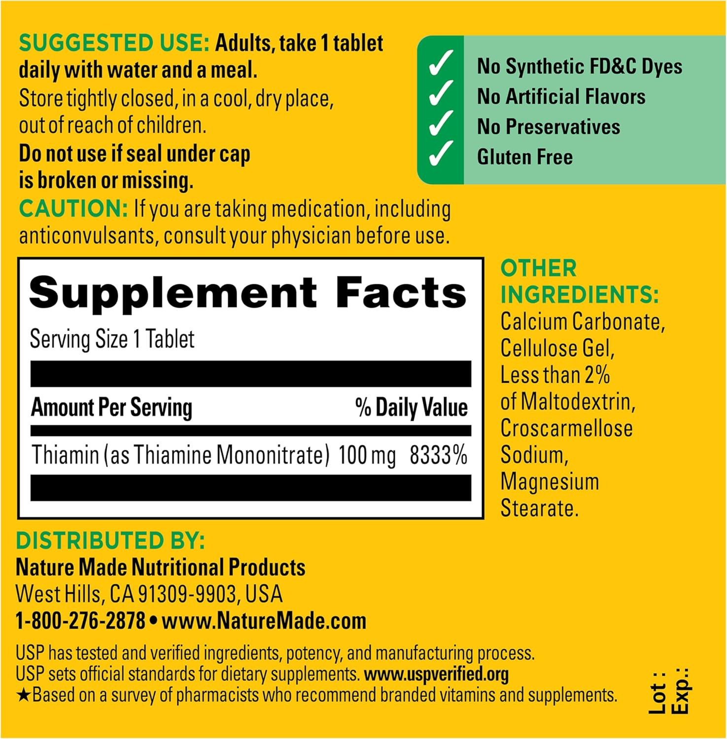 Nature Made Vitamin B1 100mg Thiamine Energy Metabolism Support 100 Tablets