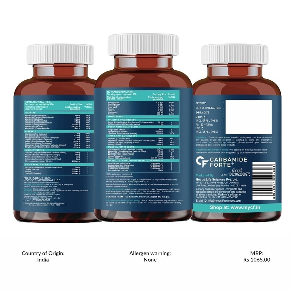 Carbamide Forte Multivitamin Tab with Probiotics Supplement – 180 tabs ( Veg )