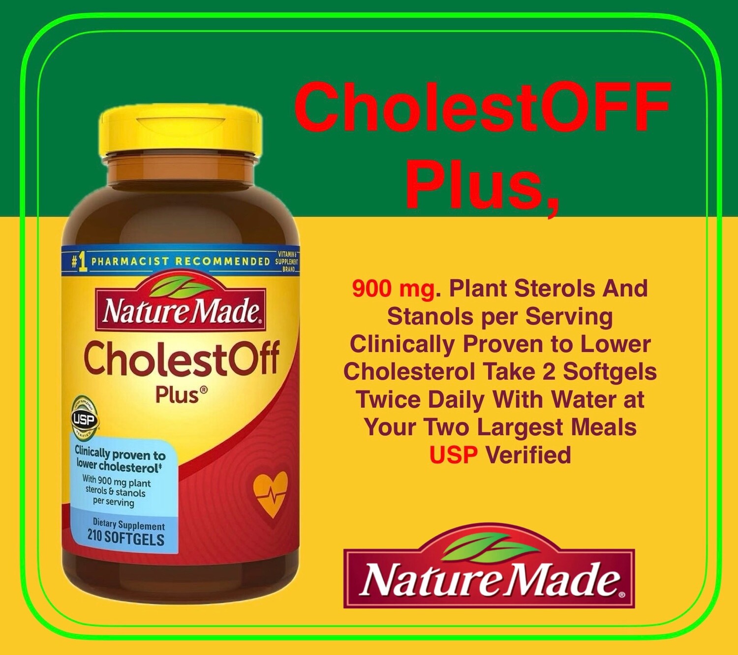 210 Softgels ,CholestOff, Nature Made, PLUS 900mg, Naturally Lower Cholesterol