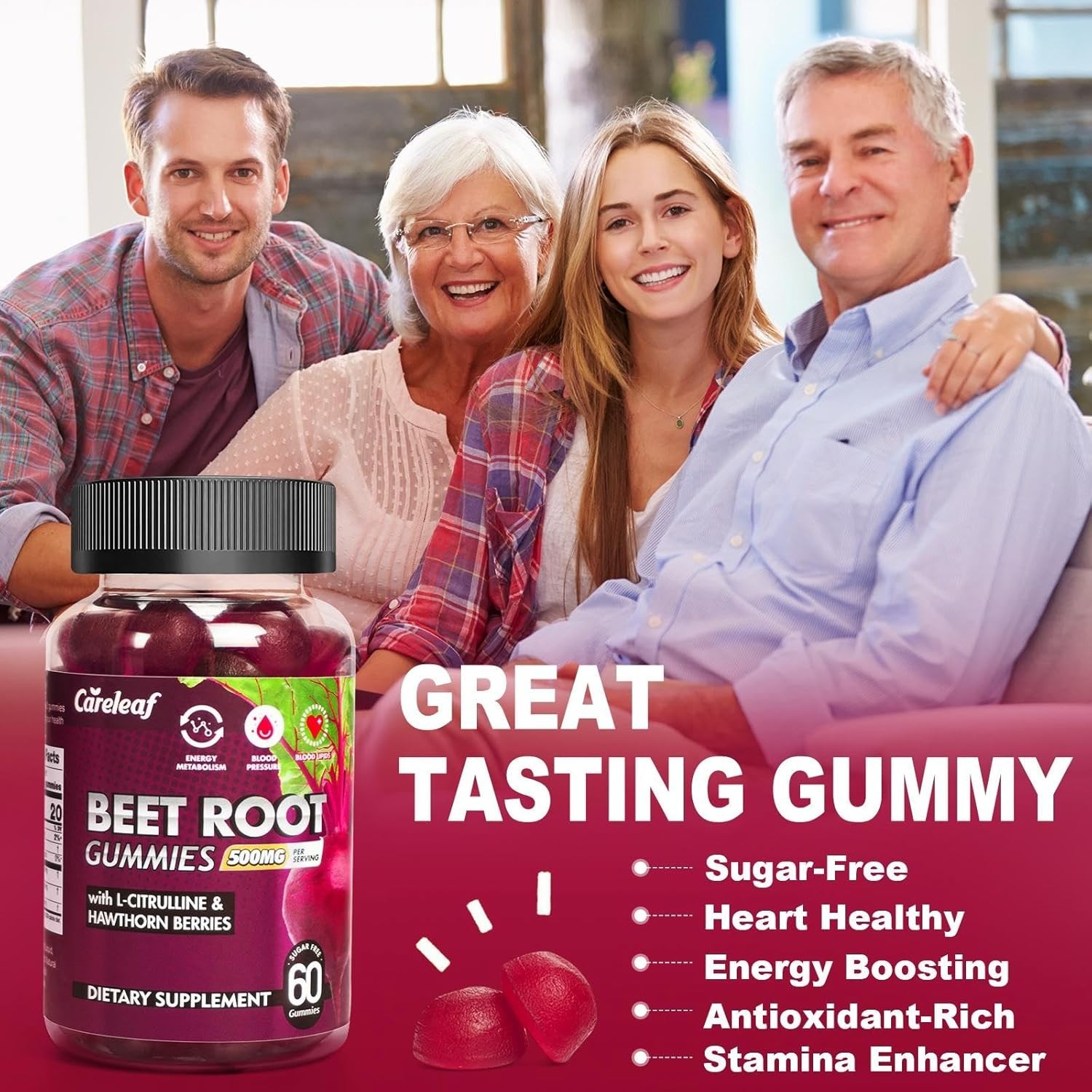 Careleaf Beetroot Gummies 500mg Energy Booster 60Ct
