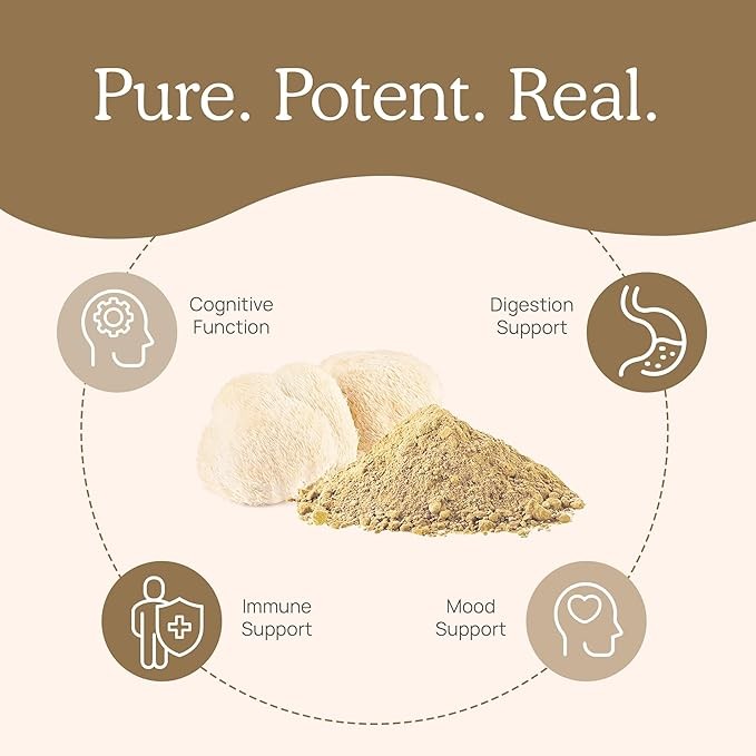 Real Mushrooms pure Lions Mane Mushroo 120 Capsules for Overall Wellness