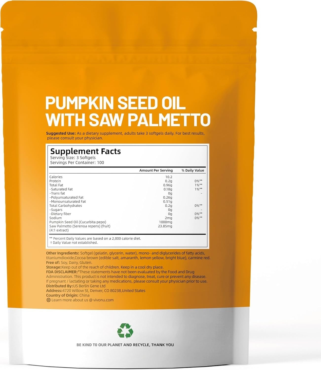 VivoNu Pumpkin Seed Oil with Saw Palmetto Capsules|Cold Pressed, Oil Virgin Pure