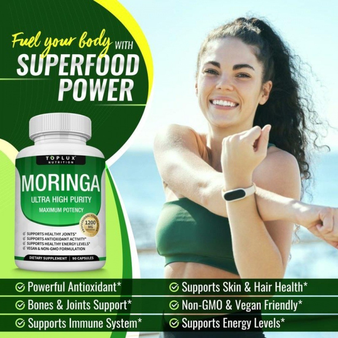 TOPLUX Moringa Capsules 1200mg Pure Moringa Powder Immune Gut health 90Capsules