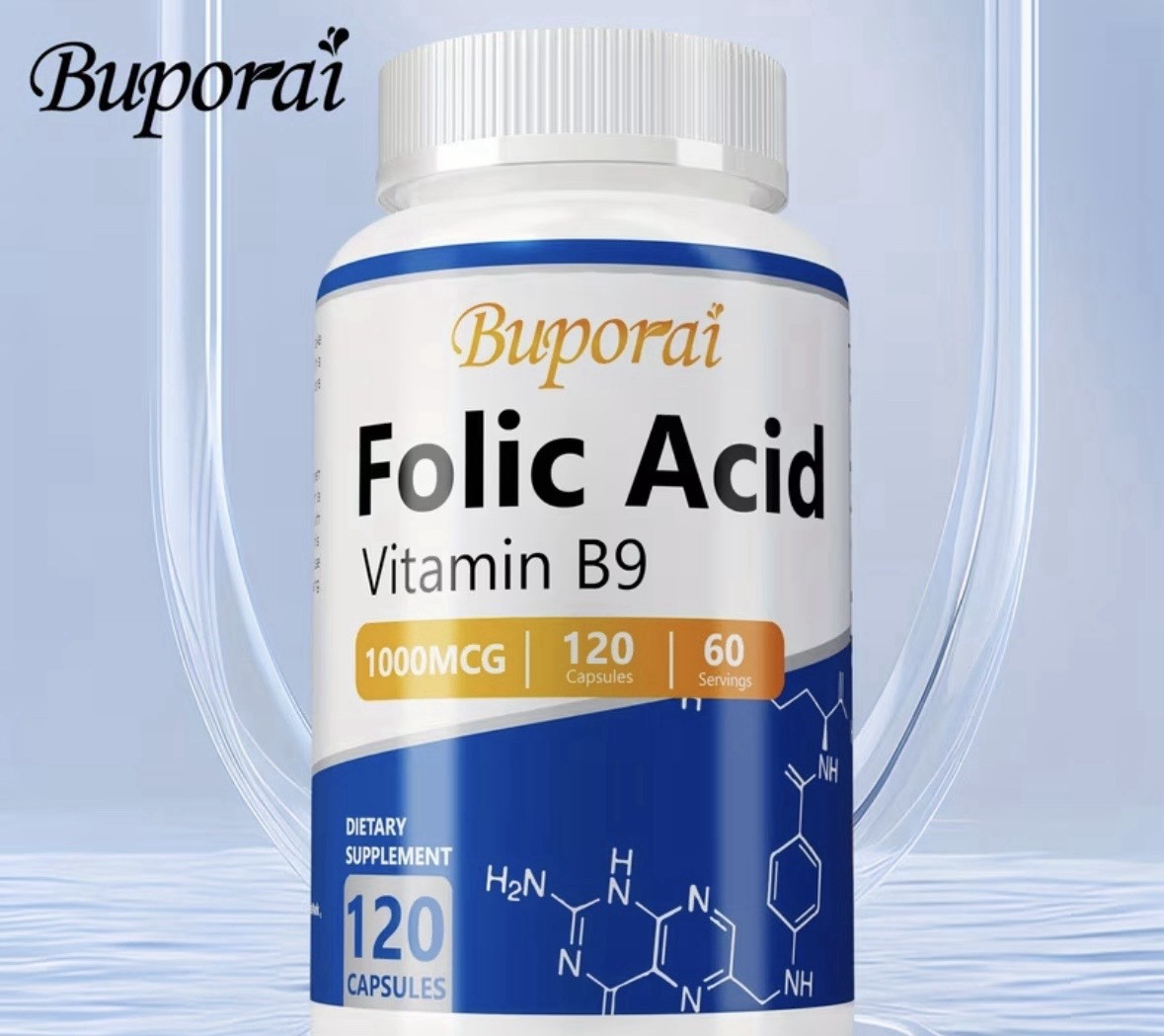 Buporai Folic Acid (Folate) Vitamin B9 1000mcg Capsules, 120 Count