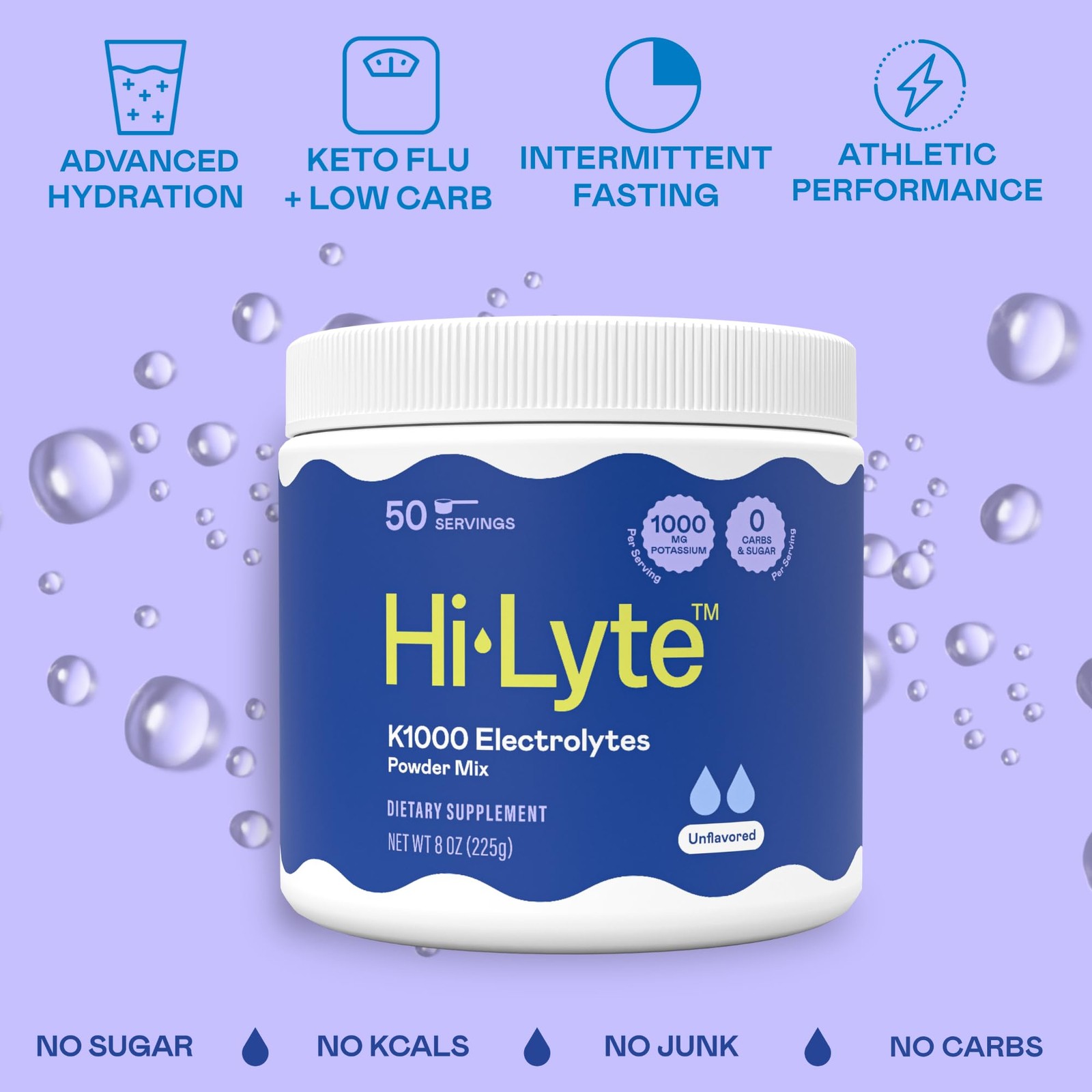 HiLyte K1000 Electrolytes Powder Mix Unflavored Keto & Performance, 50 Servings