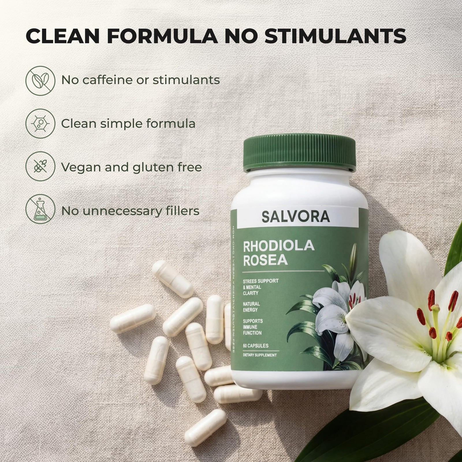 Salvora Rhodiola Rosea Supplement – Root Count 60 Golden (Pack of 1)