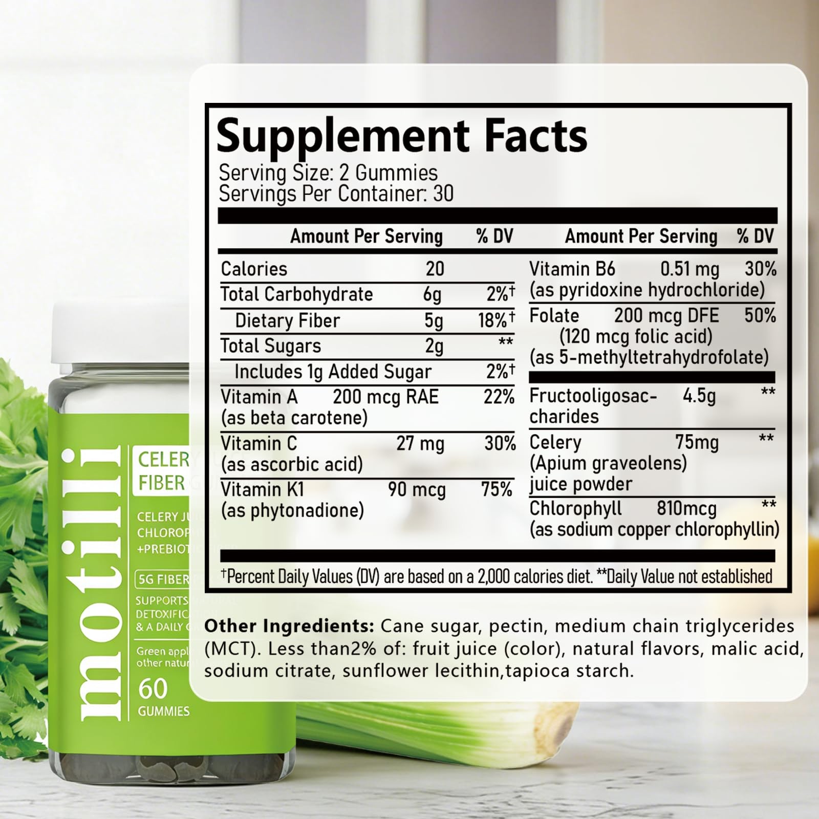 JLQJLQ Motilli Celery Juice Gummies, Fiber 60 Count (Pack of 1), Green