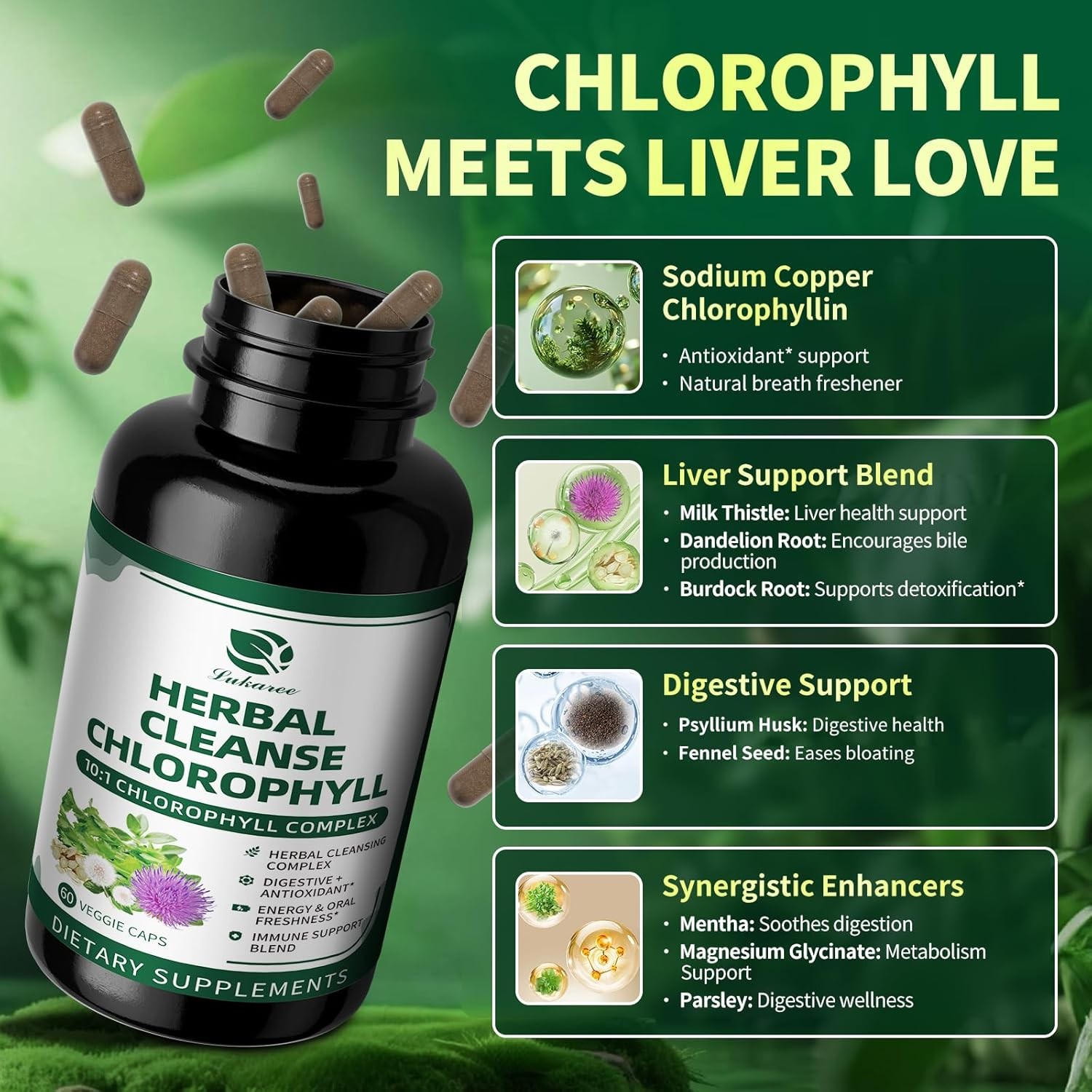 Chlorophyll Herbal Complex Capsules, 60 Vegan Energy & Immune Support